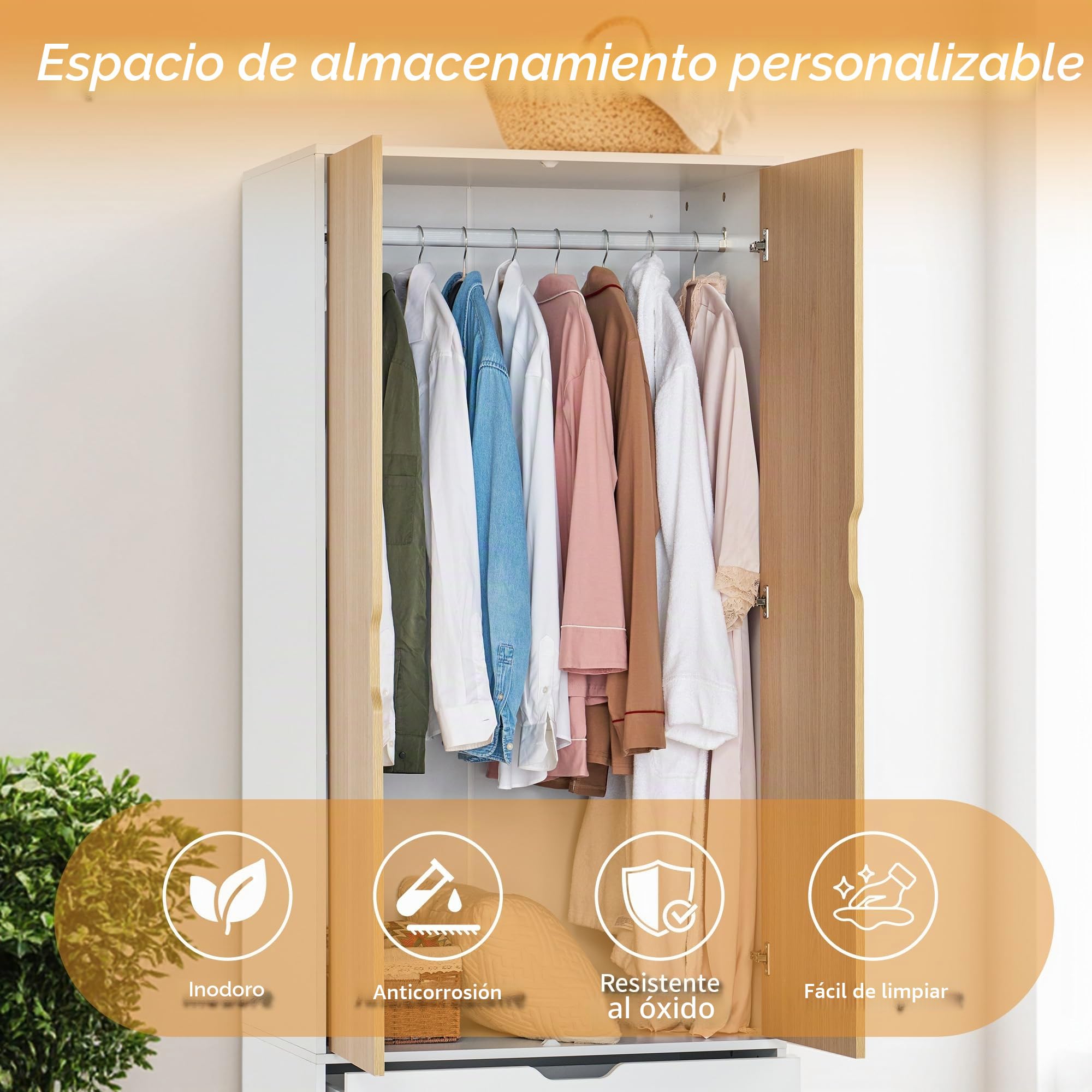 LUXOAK Armario Ropero para Dormitorio con 2 Puertas y 2 Cajones, Blanco y Efecto Madera, con Barra para Colgar, 198 x 76 x 50 cm