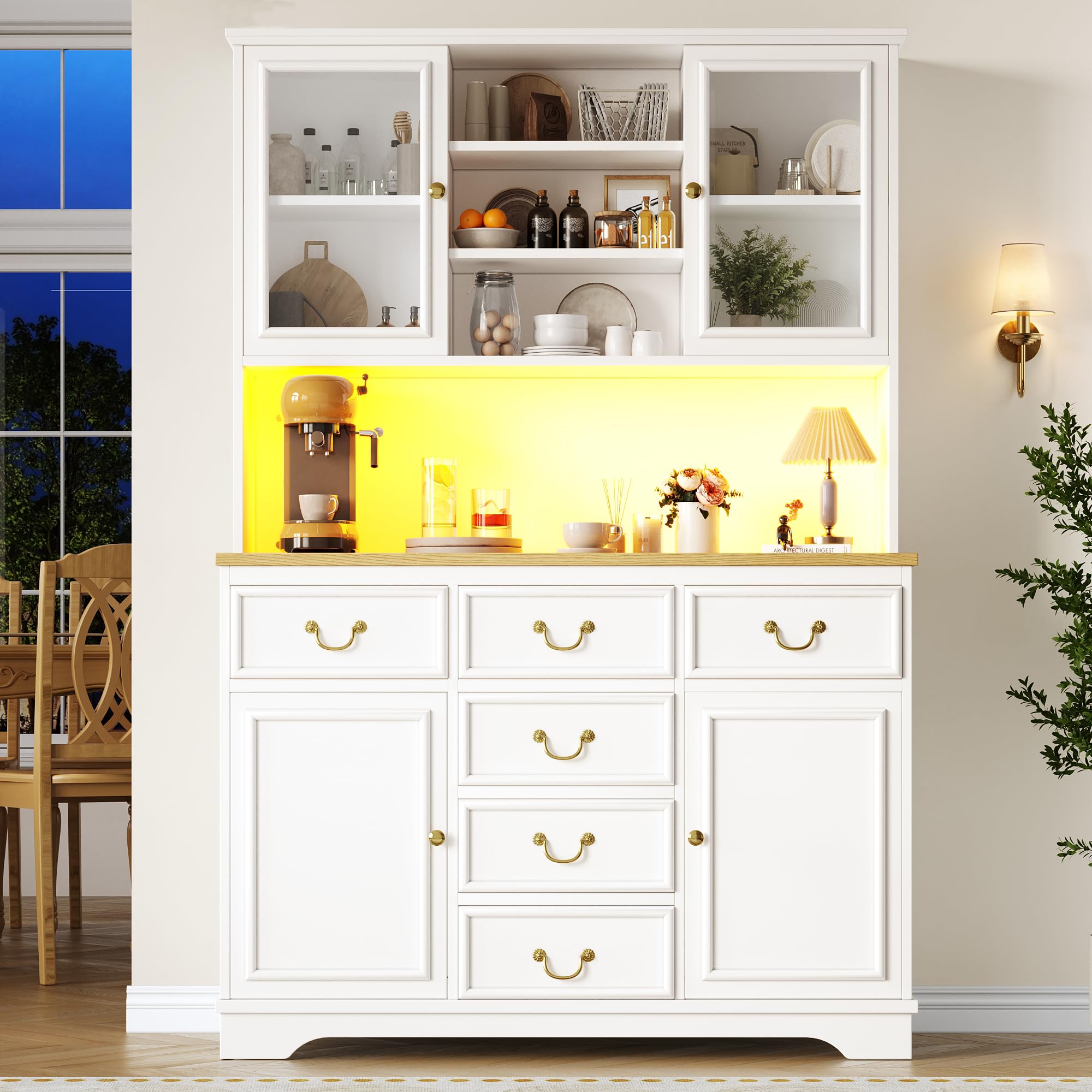 Küchenschrank Hochschrank mit LED,Buffetschrank Esszimmerschrank mit USB-Anschlüssen & Steckdosen,Küche Aufbewahrungsschrank mit Snackregaltüren & Standorte der Mülleimer,118×39.5×180cm