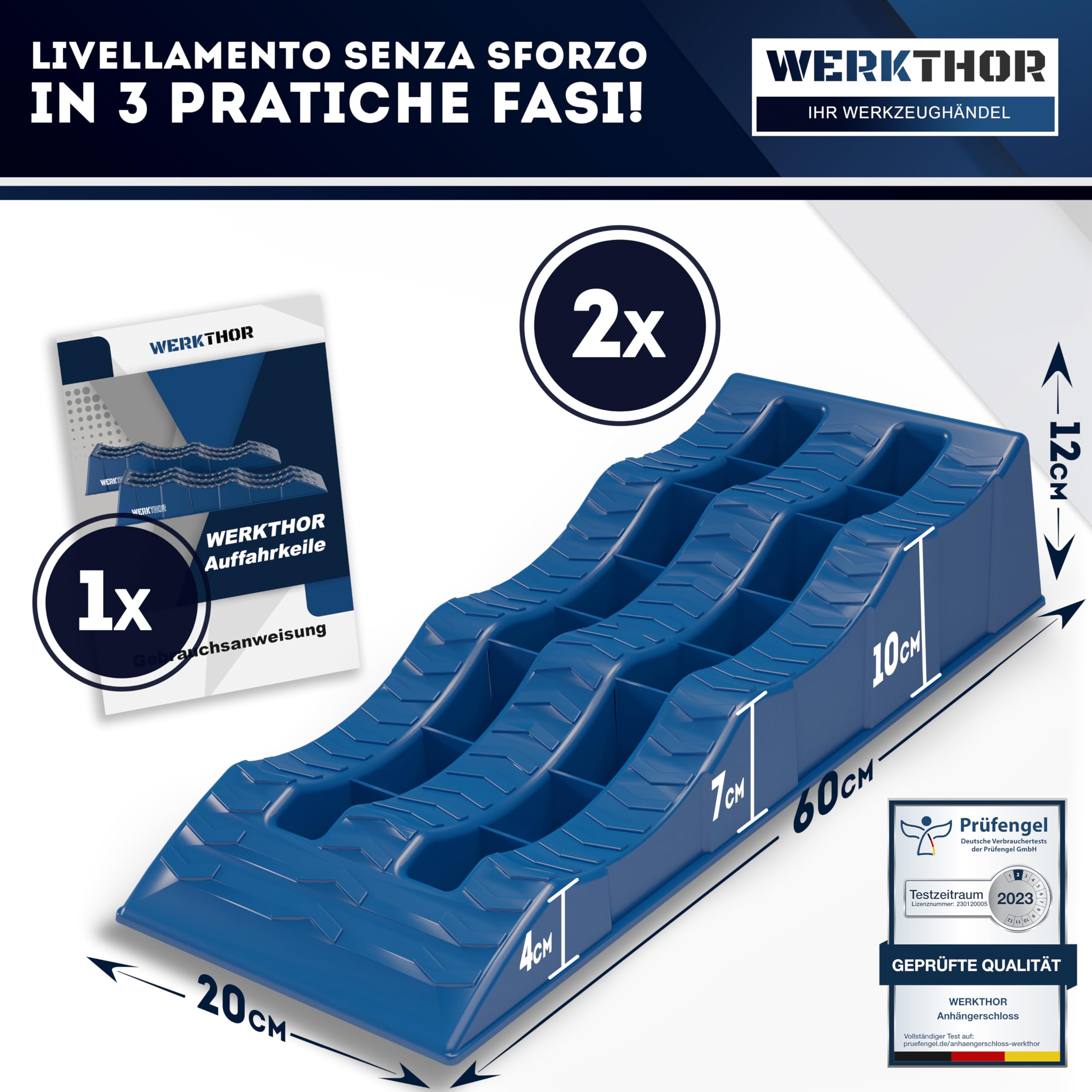 WERKTHOR Cunei per Camper (Blu) - [Set di 2] Cunei Stabili per Caravan e Camper | Cunei per Camper per un Livellamento Sicuro [<3t] - Design Robusto per Qualsiasi Superficie
