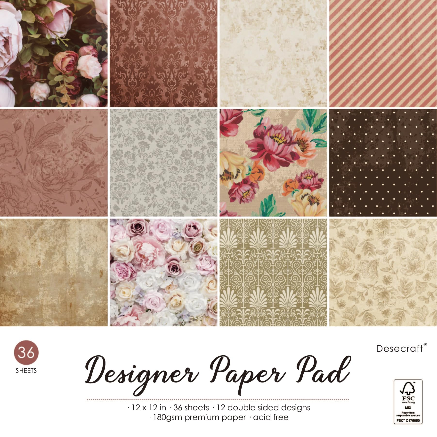 Vintage Flora 12x12 in Double Sided Paper Pad Pack Scrapbook Cardstock Decorative Paper - 36 Sheets - for Card Making Journaling Planner Origami Decopage Decorative Scrapbooking Supplies