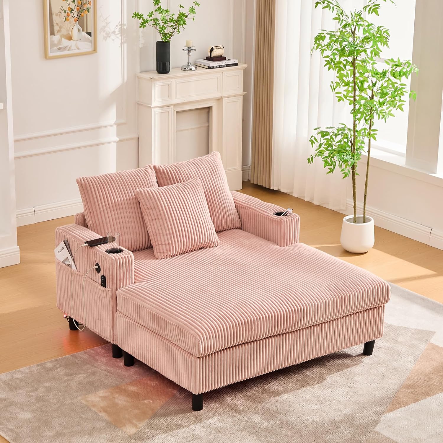 Corduroy Chaise Lounge Chair with LED Lights, USB/Type-C Port, Upholstered Sleeper Chair Indoor with 2 Cup Holders and 4 Pockets, Modern Oversized Single Sofa Bed for Living Room, Bedroom, Pink