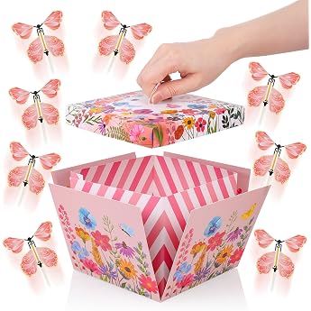 JIANTA Surprise Box with Butterflies 15 x 15 x 12.5 cm Explosion Box Birthday Gift Box with 8 Butterflies Pink