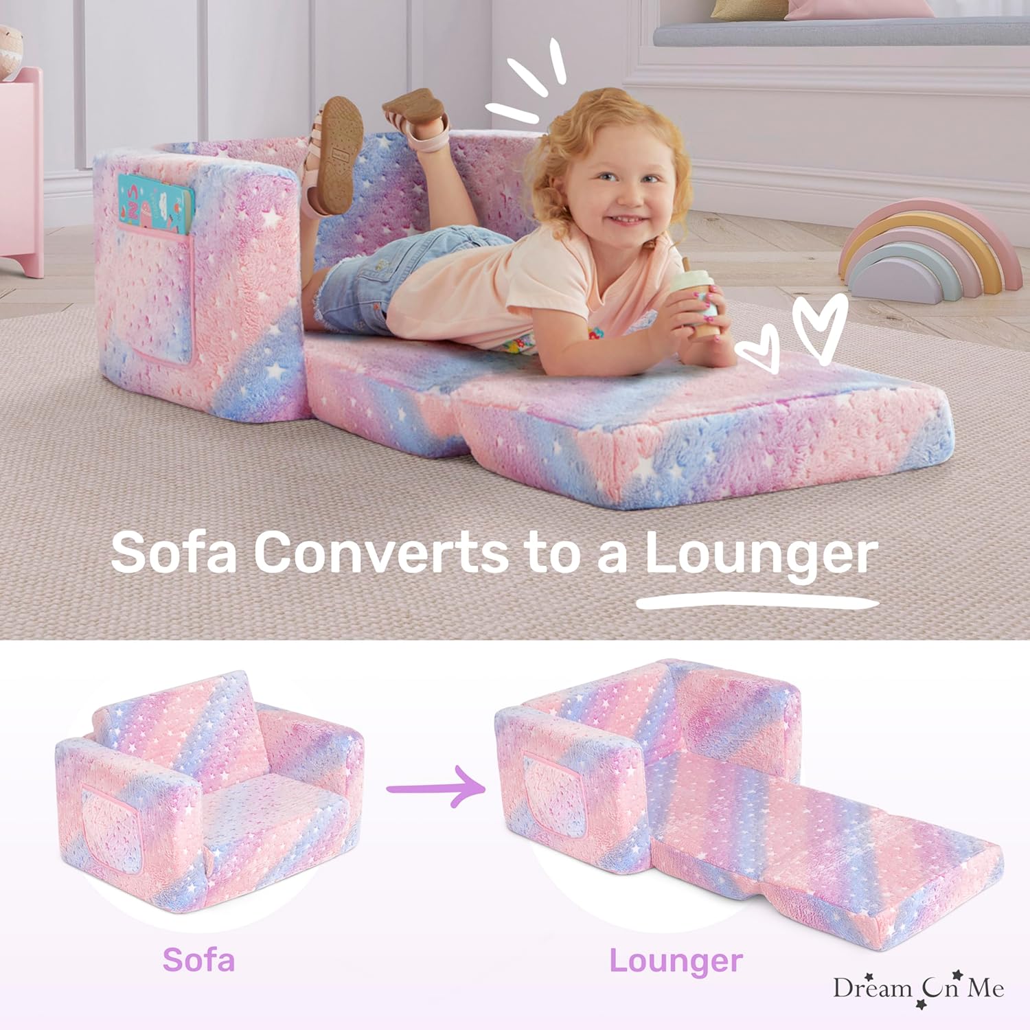 Dream On Me Nestle Kids Sofa in Tie Dye, 2-in-1 Convertible Sofa to Lounger, Low to Floor Design, Machine Washable Fabric Cover - Image 5