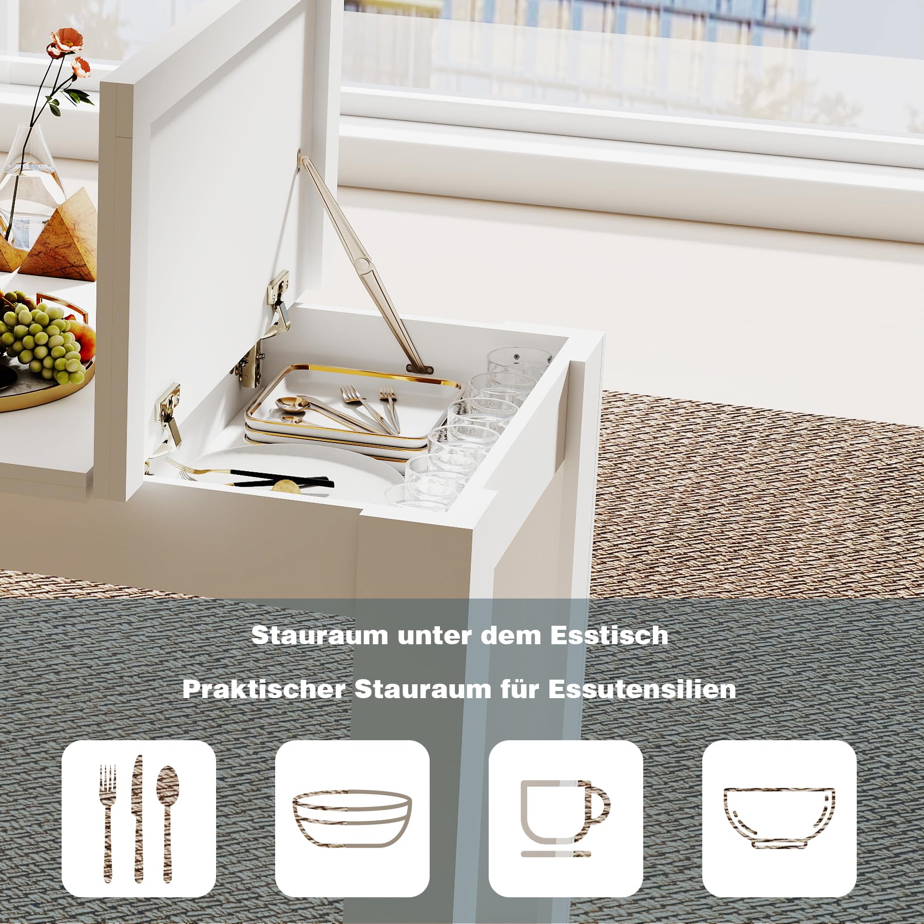 1 Stück Esstisch Weiss mit 2 Verstecktem Stauraum, Moderner Küchentisch Platzsparend Essen Tisch Esszimmer Multifunktional Tische als Schreibtisch/Kaffeetisch/Balkontisch/Gartentisch/Weiß/120x70x75CM