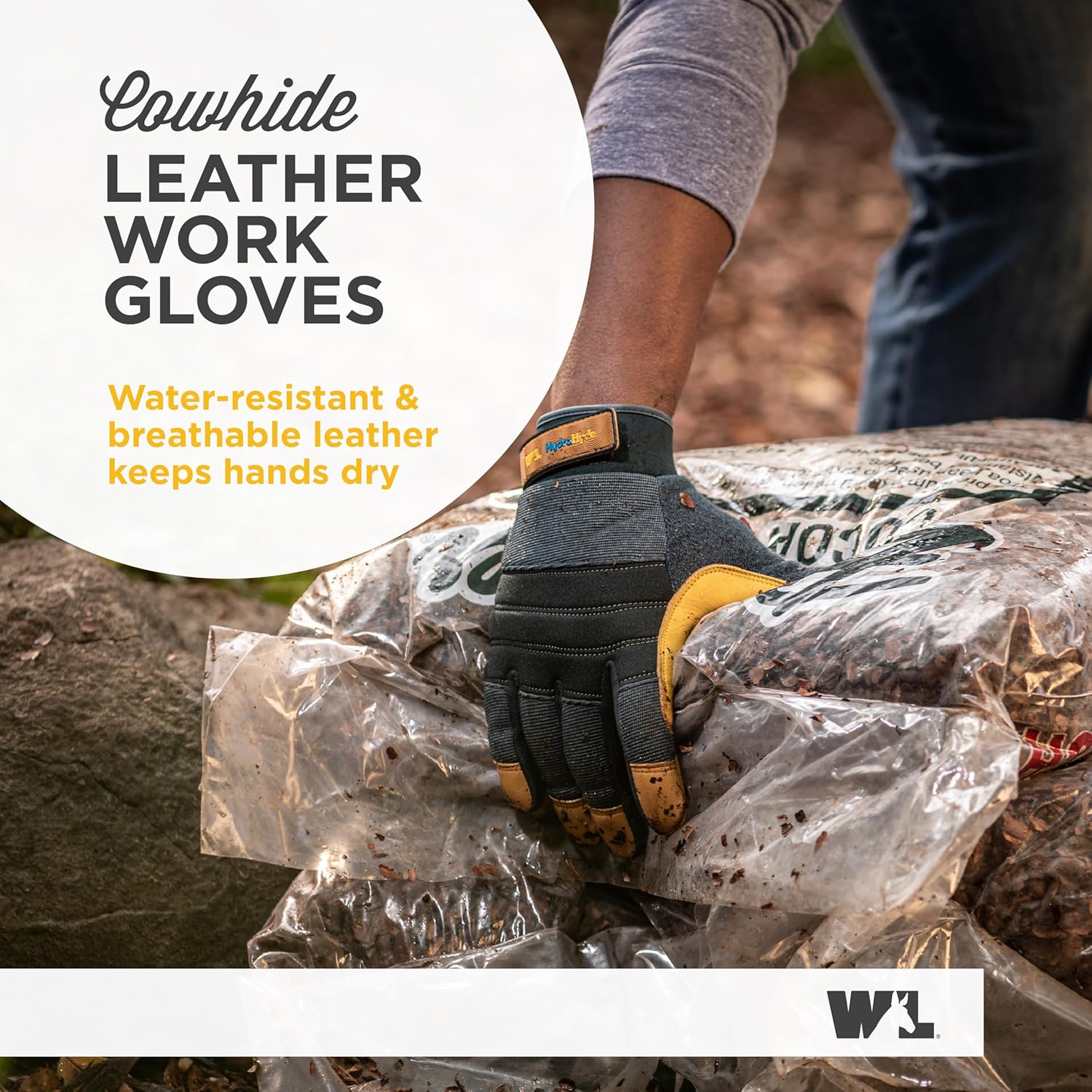 Wells Lamont Men's HydraHyde Work Gloves – Cowhide Leather, Reinforced Fingertips for Durability – Adjustable Velcro Wrist – Ideal for Gardening, Landscaping, Lawn Care – Navy - L - Image 3