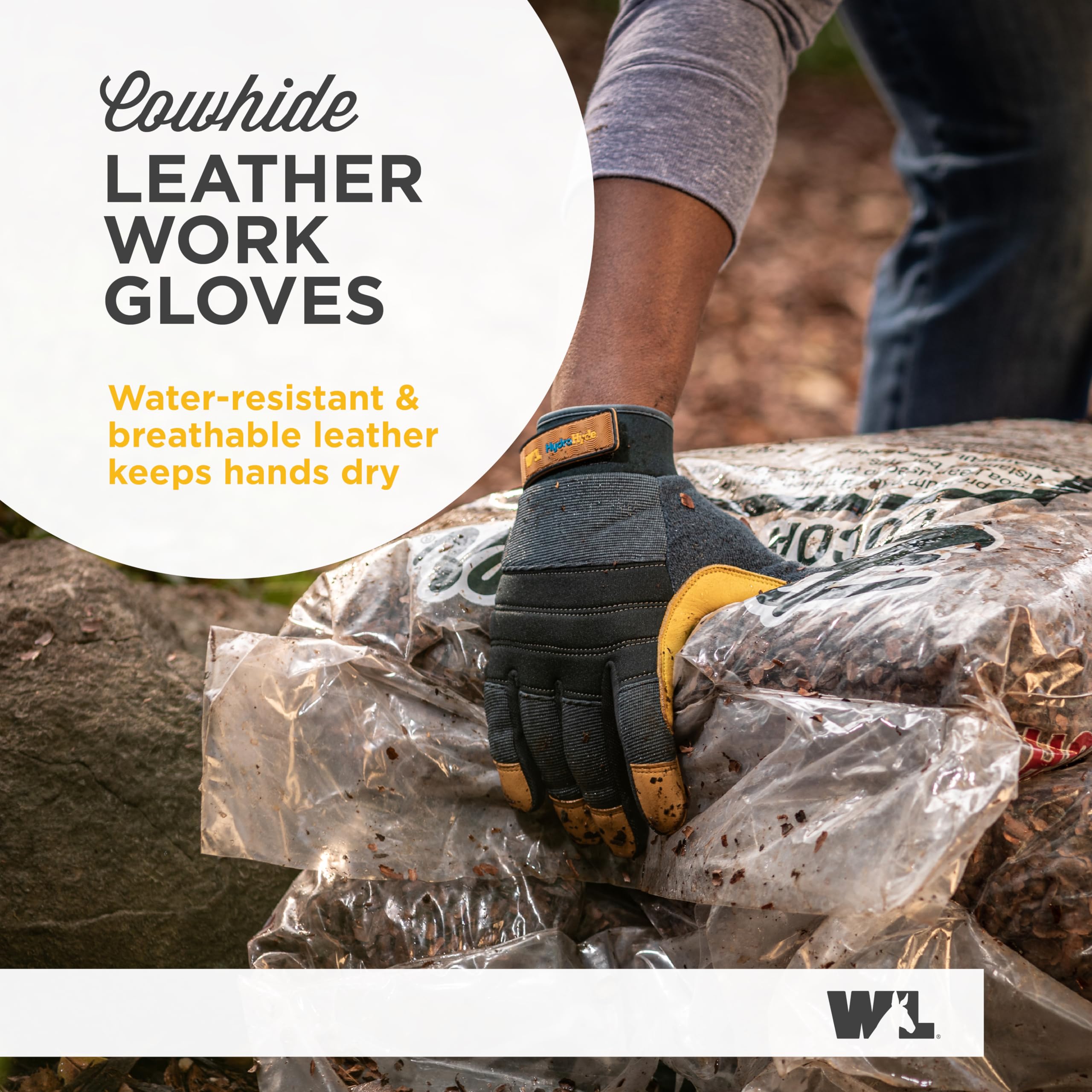 Wells Lamont HydraHyde - Guantes de trabajo híbridos de cuero vacuno de alta calidad, resistentes al agua, talla M (3242M)