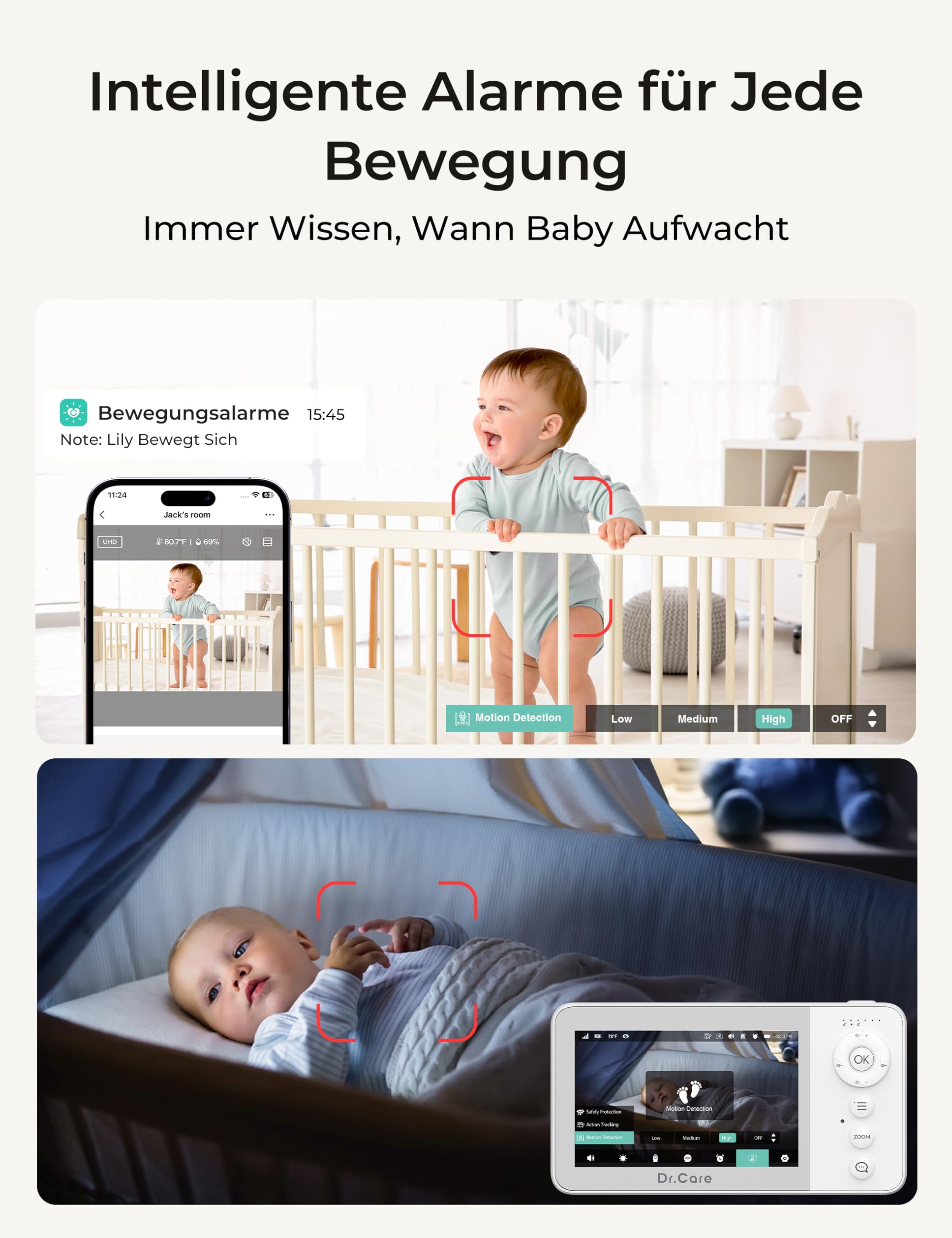 Dr.Care VistaView Lite RB Smart WLAN Babyphone mit Kamera - 4" 720P Split-Screen, 1080P Kamera, App-Steuerung, Nachtsicht, 2500mAh Herausnehmbare Batterie, 2-Wege-Audio, Bewegungsalarme
