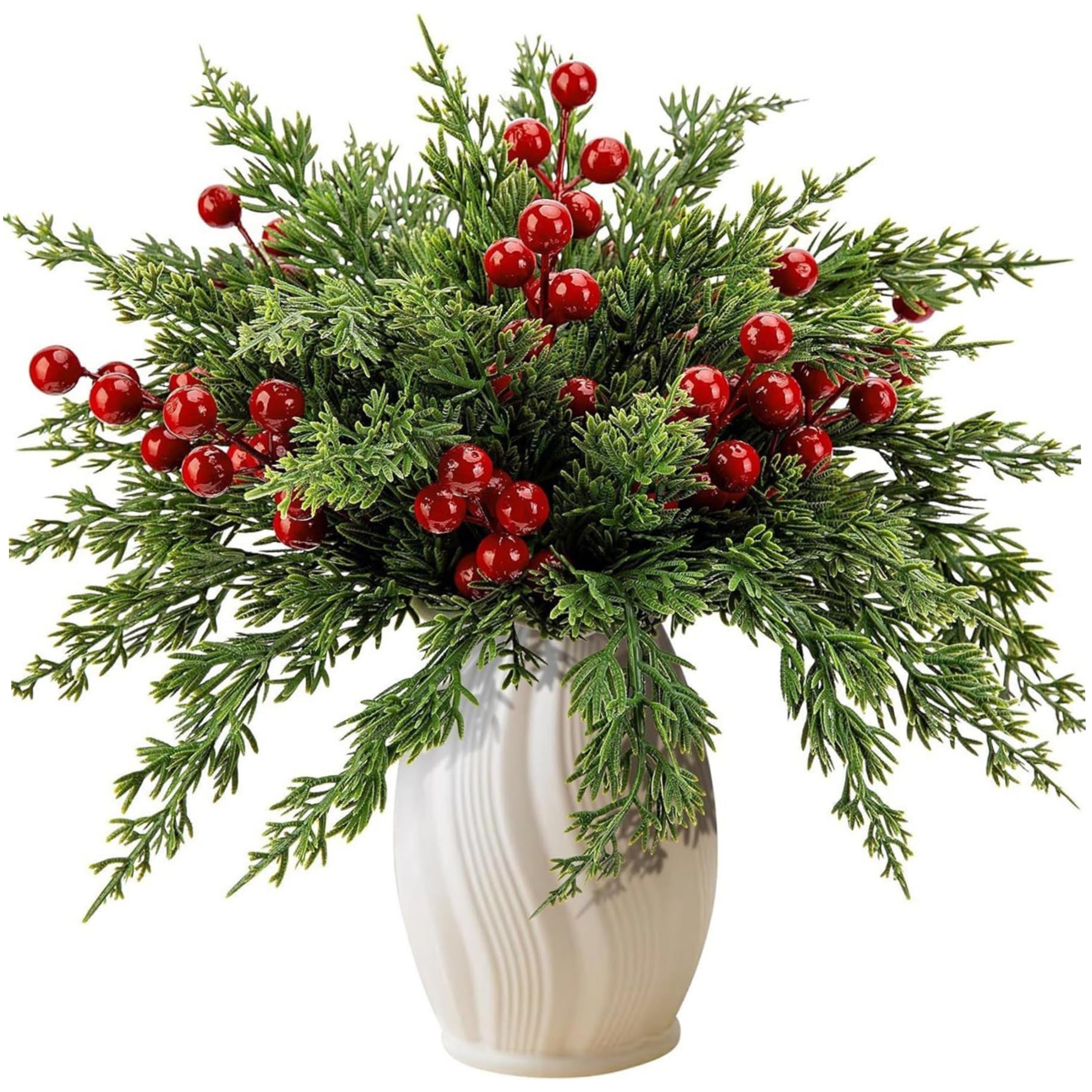 CAKEEYUM 45Pcs Christmas Picks Lifelike Pine Branches and Red Berry Stems DIY Plastic Floral Picks for Xmas Tree Ornaments Garland Wreath Artificial Pine Branches, Christmas Greenery, Decor, B