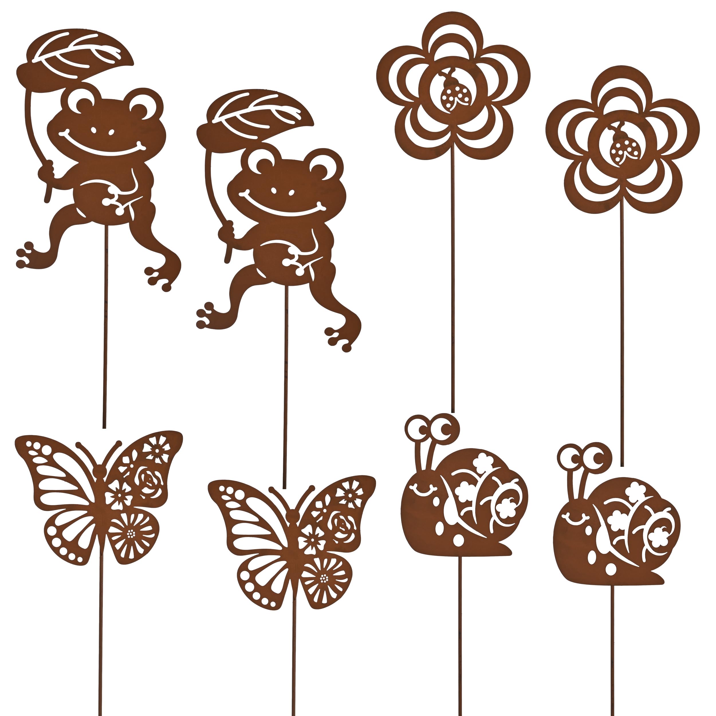 TERESA'S COLLECTIONS 8er Rost Gartenstecker für Gartendeko 25cm | Rostoptik mit Schnecke Frosch Schmetterling Blume,Roststecker Metall für Terrasse Blumentopf, Geschenk für Frauen/Mama/Papa