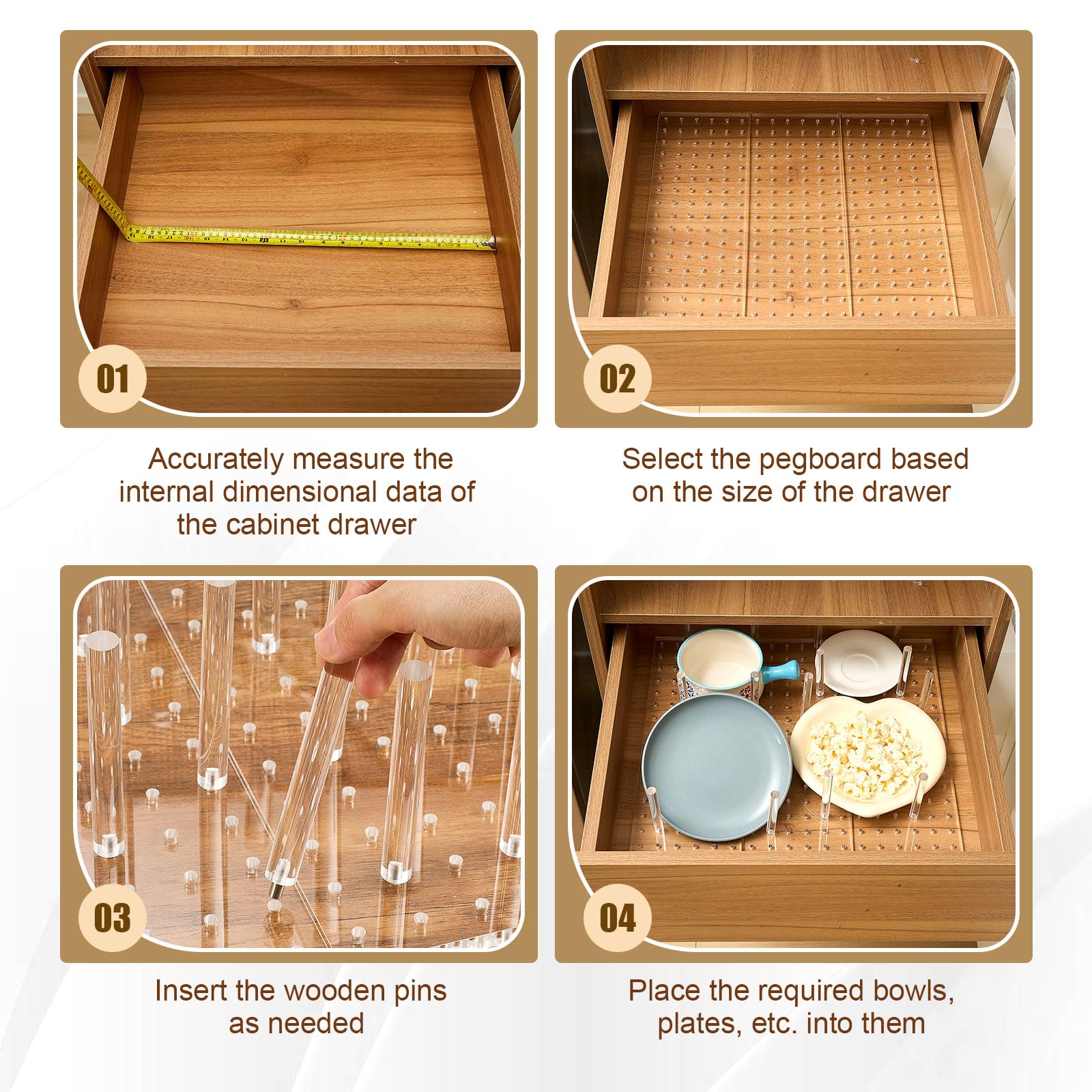 Kigley Stecktafel-Schubladen-Organizer aus Acryl mit 32 Heringen – 40,6 x 15 cm transparentes Stecktafel-System – Schubladen-Organizer für Geschirr, Lebensmittelbehälter, Kochgeschirr, Utensilien –