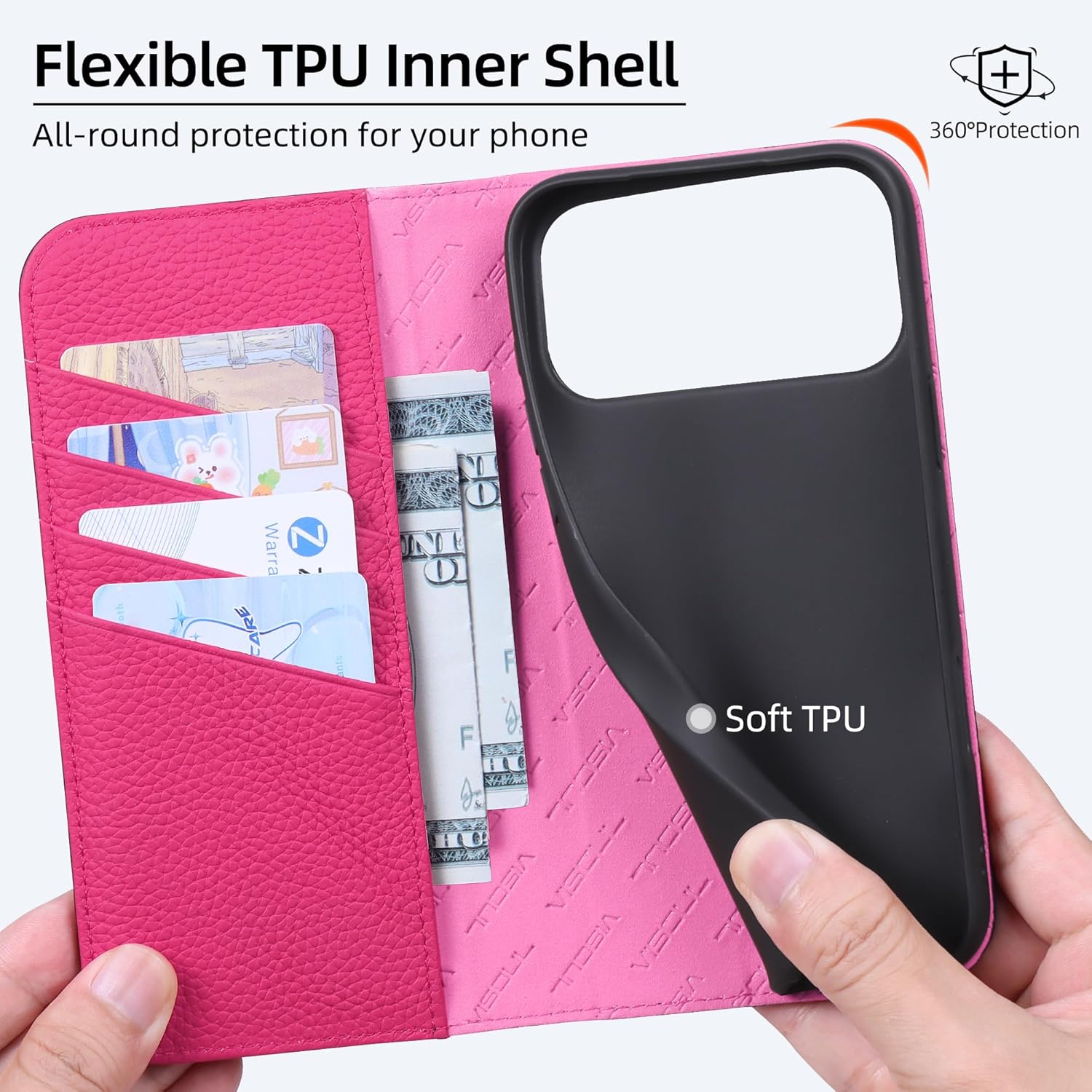 VISOUL Pebbled Leather Wallet Case for iPhone 17 Pro Max 6.9" 2025, Genuine Leather Flip Folio Cover with RFID Blocking Card Holders, Kickstand, Soft TPU Protective Flip Cover -Black+Peach Red - Image 4