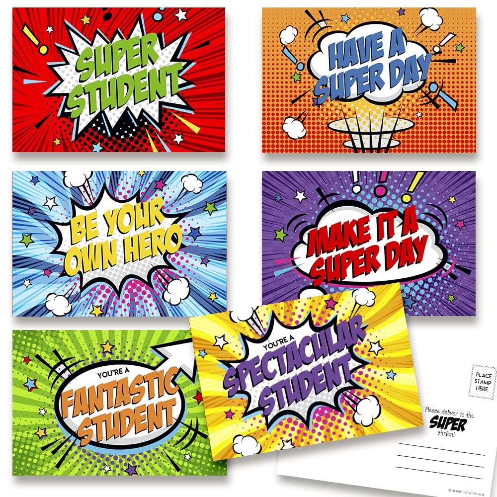 Super Student Superhero Themed Blank Postcards For Students From Teachers, Total of 30 4"x6" Fill In Notecards (5 of each design) by AmandaCreation