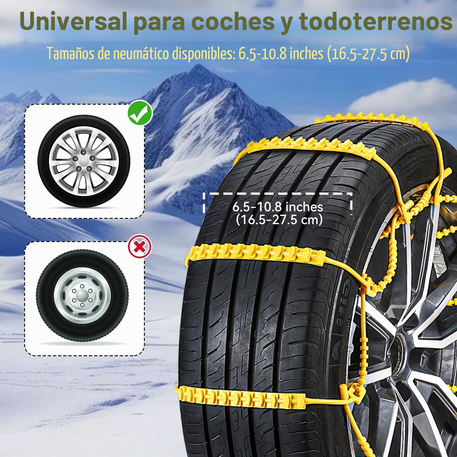 Cadenas de Nieve para Coche 10 PCS Nuevo diseño 2024 Fabricadas con Nylon Mayor Tracción con 11 puntos Antideslizantes Instalación Sencilla sin Herramientas 165mm-265mm