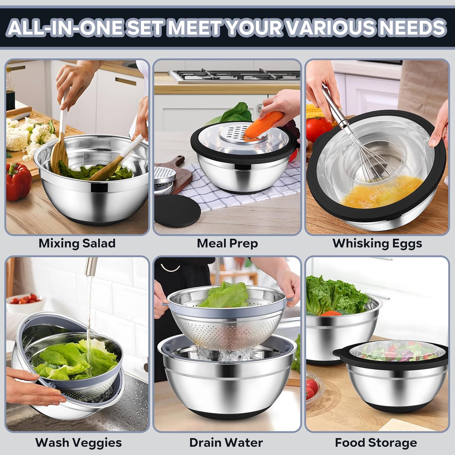 Vesteel Mixing Bowls with Lids Set of 7, Stainless Steel Nesting Bowls with Colander and 3 Graters for Draining Prepping Slicing, Nonslip Bottoms & Airtight Lid, Size 4.6, 2.6, 1.5 Qt, Black