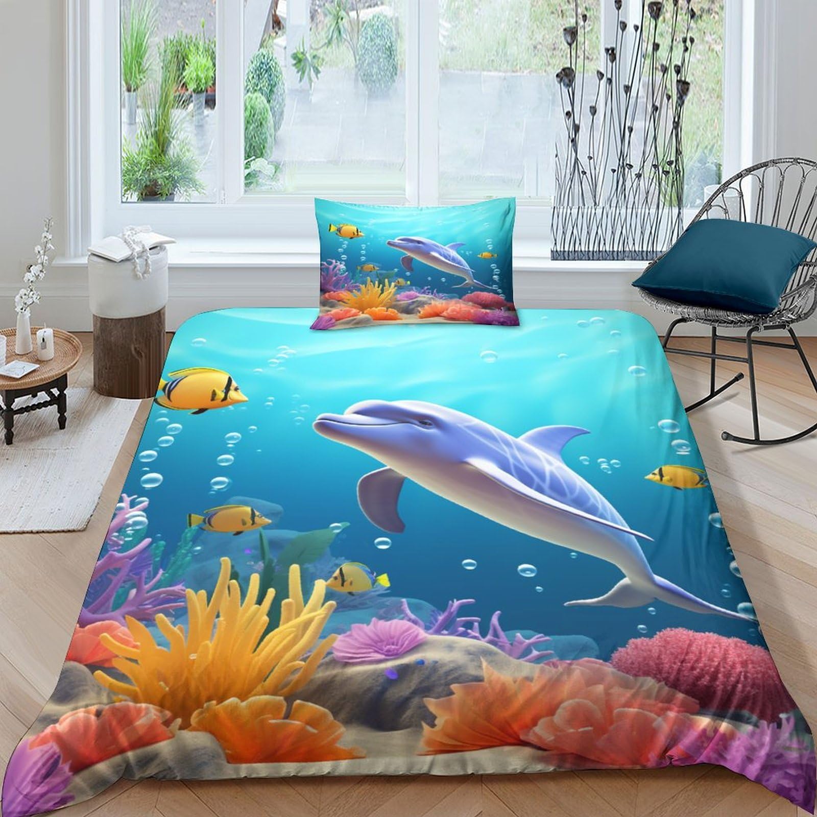 Couette dauphin 135x200 cm avec sa parure de lit 3D en microfibre pour enfant