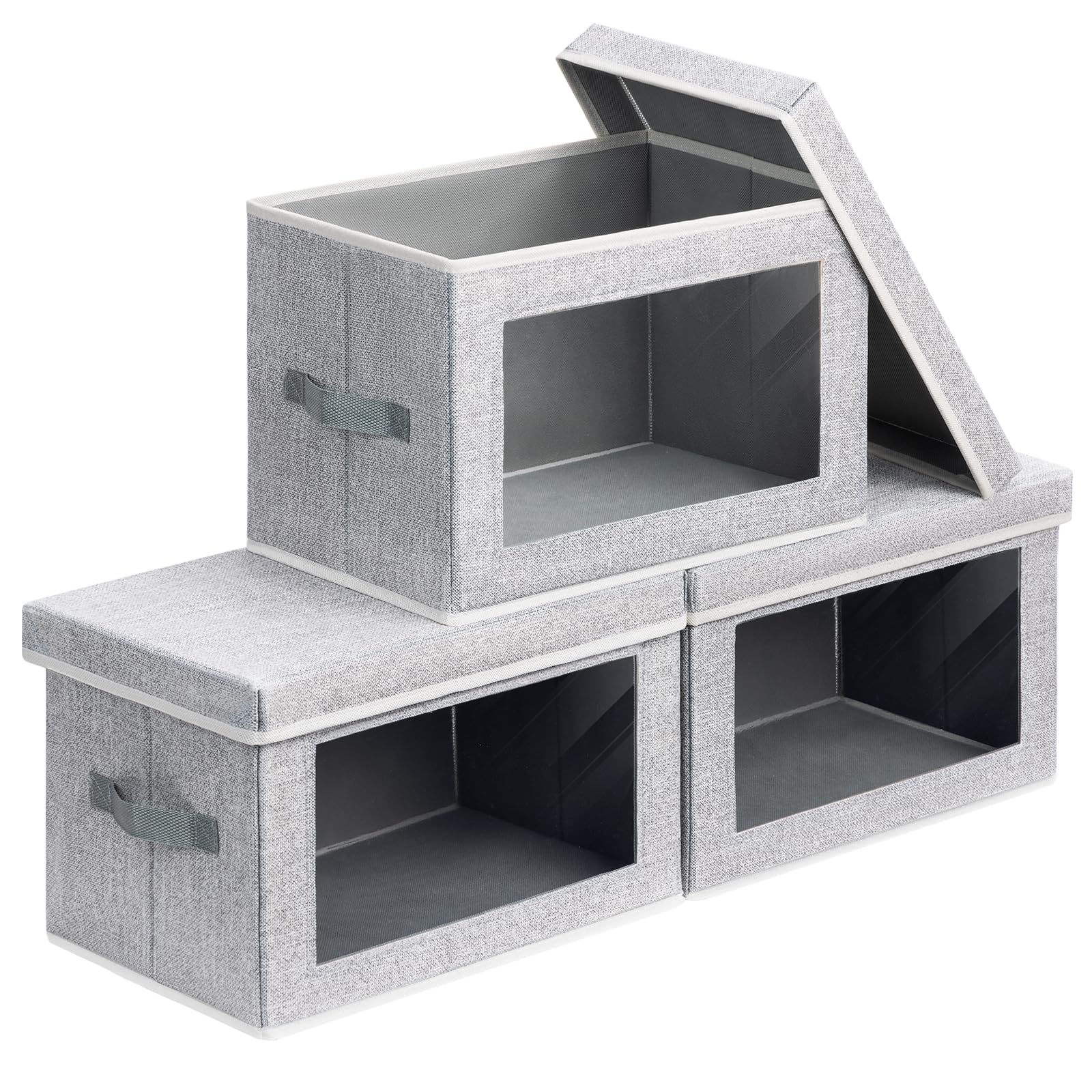 Homsorout Ant Grey 3 Pack Storage Boxes With Lids Foldable Storage Cubes With Transparent Window Fabric Storage Organiser Box For Toys, Clothes, Books, Wardrobe, Closet, Office
