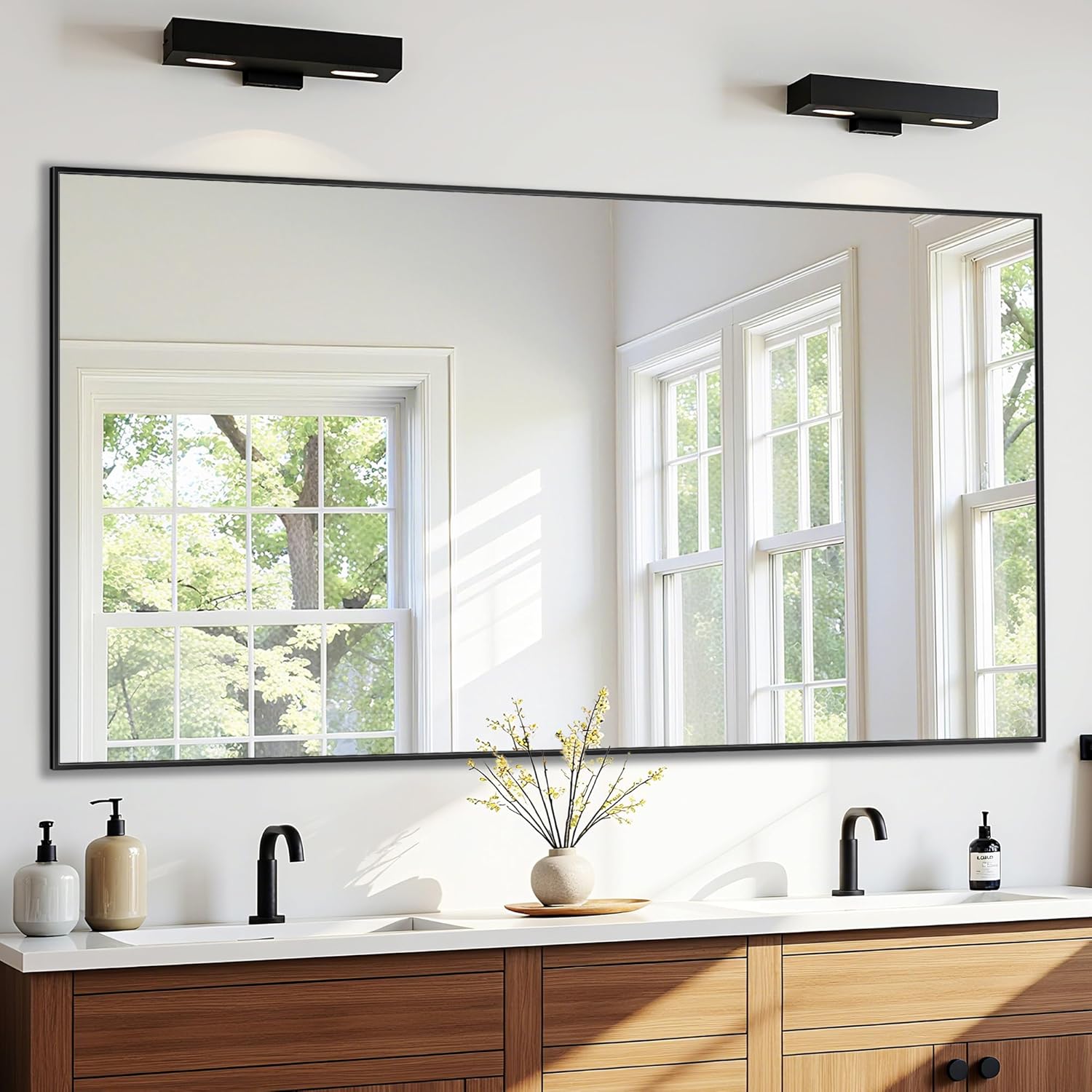 Bathroom Mirror 55" x 30", Large Rectangle Wall Mirror, Black Metal Frame Wall Mounted Mirrors for Bathroom, Vanity, Bedroom, Entryway Decor(Horizontal/Vertical) 30"L x 55"W Rectangle Corner Black