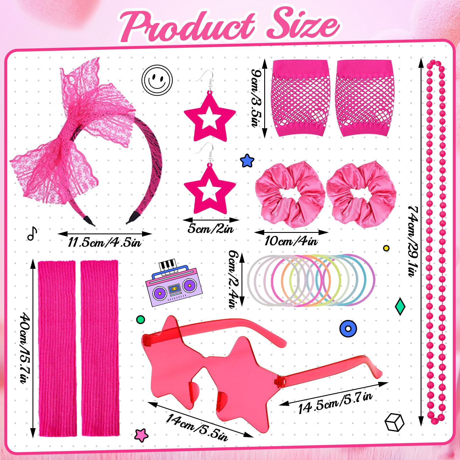 Saier tbo 20Pcs 80s Costume Accessories Set for Women, 1980s Fancy Dress Outfit Kit with Fishnet Top Tank Top Leg Warmers Fishnet Gloves for Girls 80s Theme Party Disco Party Cosplay Dress Up - Image 2