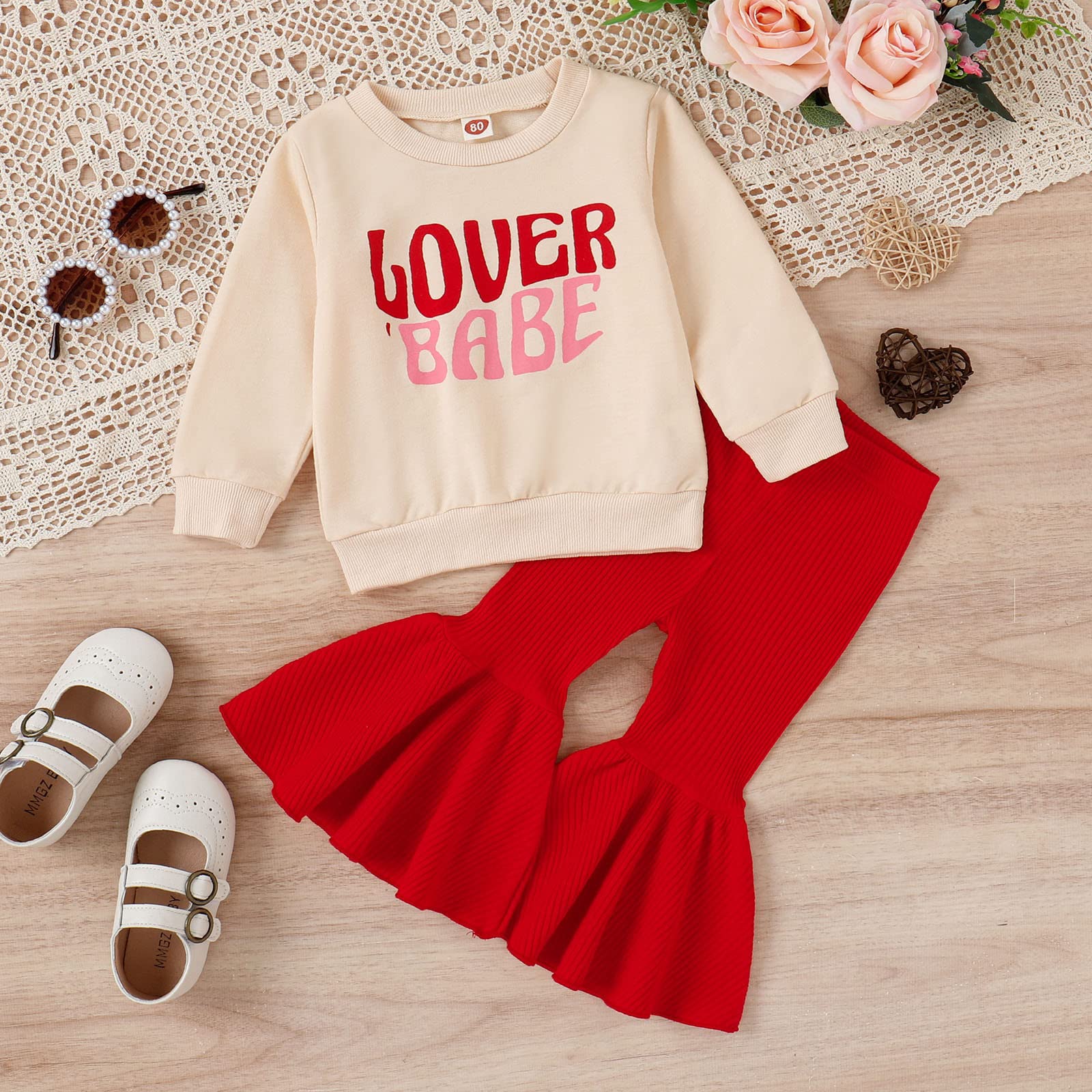 Toddler Baby Girl Valentine's Day Outfit Long Sleeve Pullover Sweatshirt Bell Bottoms Flare Pants 2 (A, 6-12 Months)