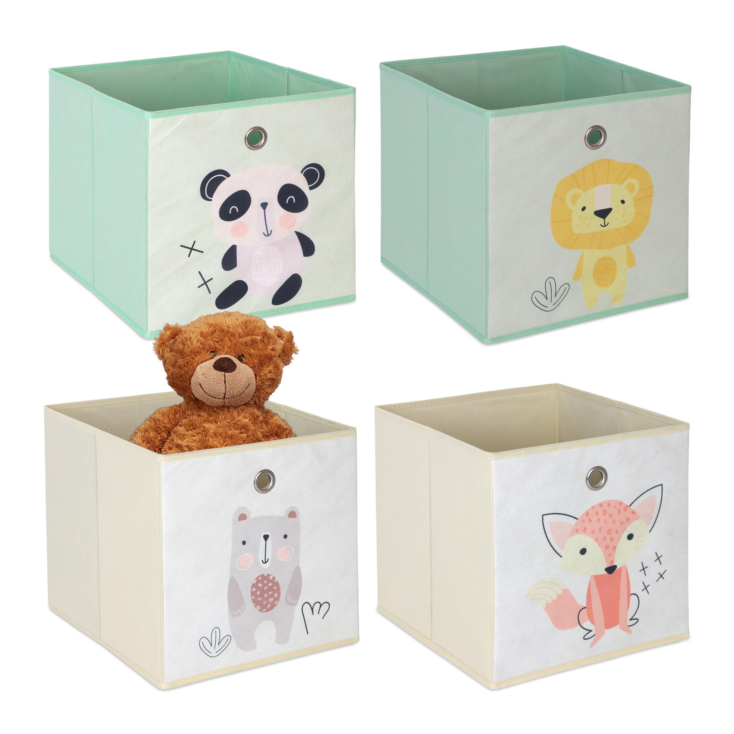 Relaxdays Set da 4 Contenitori per Giochi dei Bambini, Scatole Portagiochi con Disegni, Cubi 30x30x30 cm, Colorato