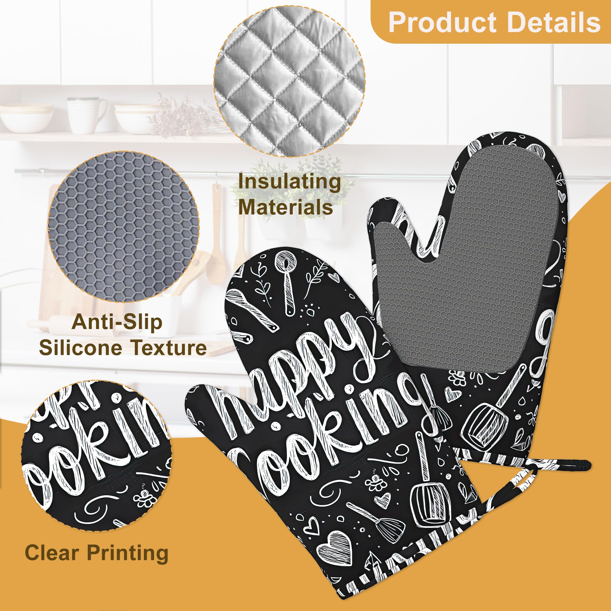 Happy Cooking - Juego de 4 manoplas de horno y soportes para ollas, guantes de cocina resistentes al calor con silicona antideslizante para hornear, cocinar, barbacoa