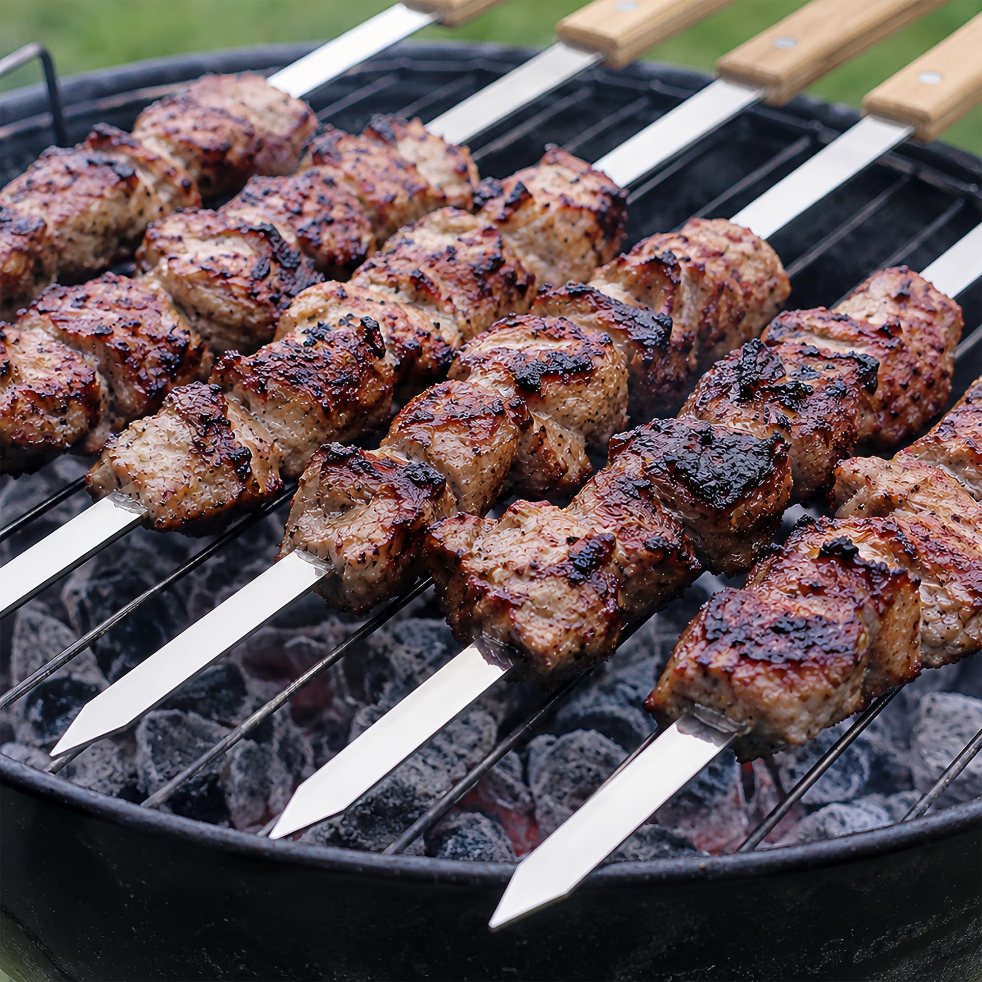 IMEEA Paquete de 8 brochetas planas para barbacoa de 55 cm, de acero inoxidable, 1 cm de ancho, con mango de madera, pincho de metal