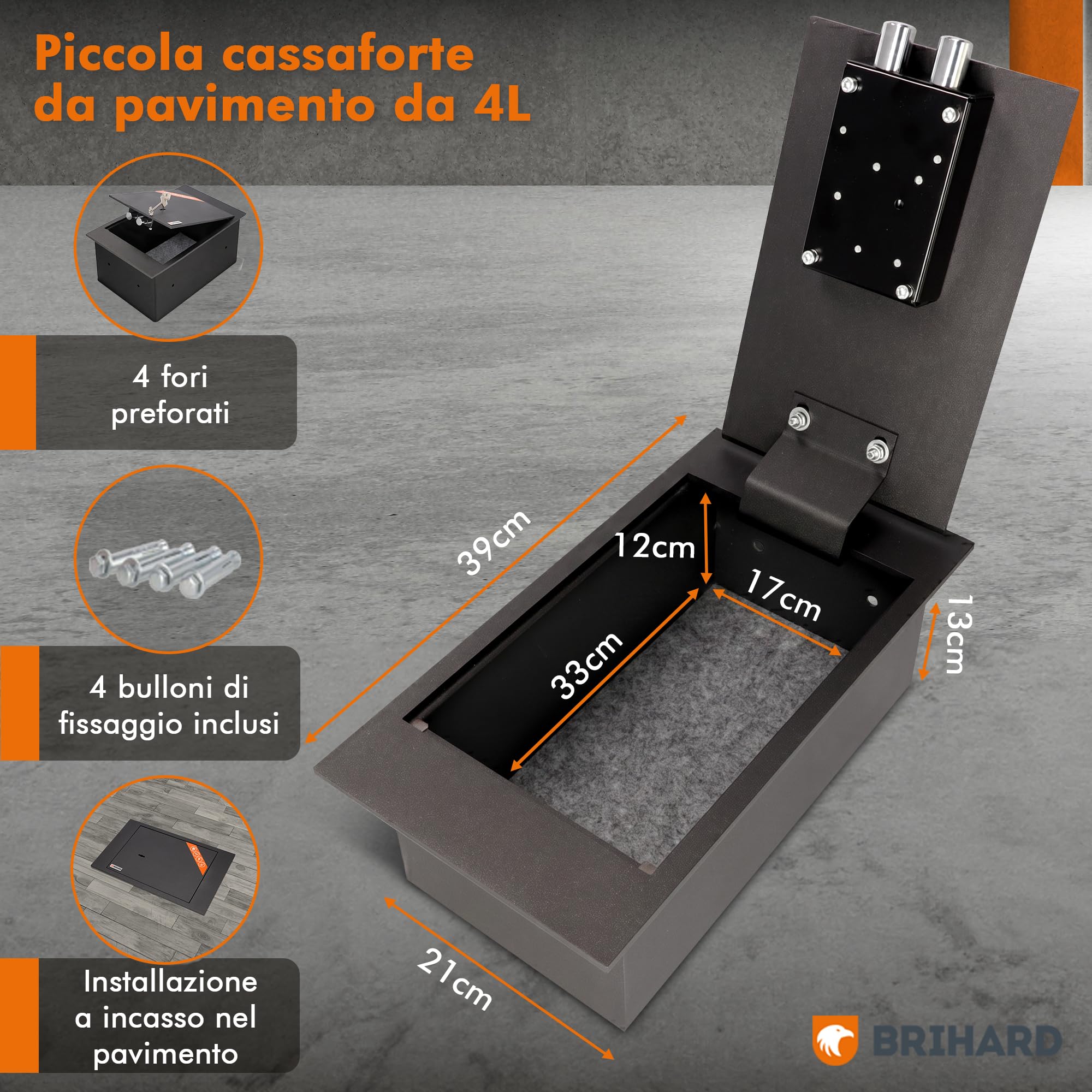 Cassaforte Con Serratura a Chiave - a Pavimento 39x21x13cm - Per Casa - 6.7L Cassetta Di Sicurezza