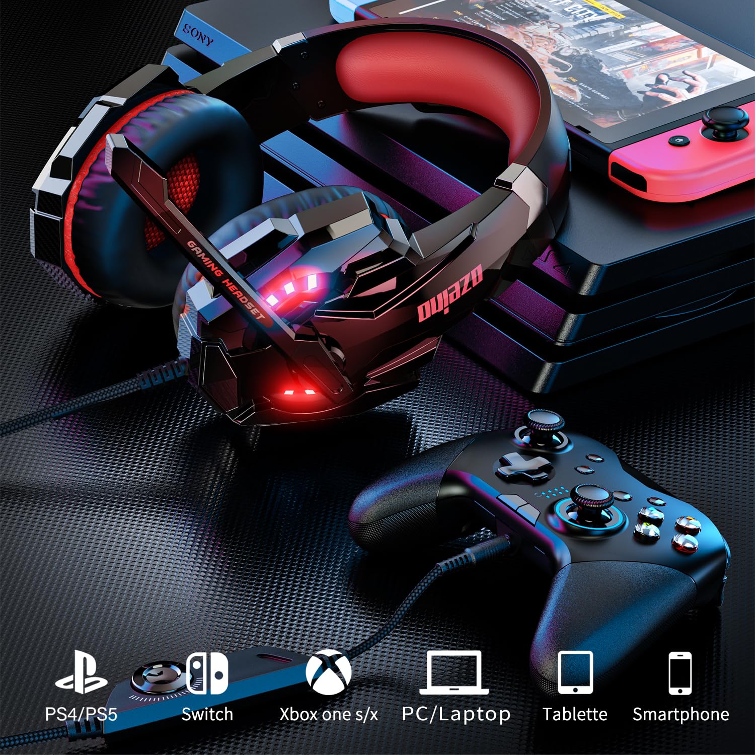 Ozeino Zestaw słuchawkowy gamingowy do PC Ps4 Switch Xbox One, 3D Surround Sound Headset Gaming, słuchawki z redukcją szumów z mikrofonem, różowy