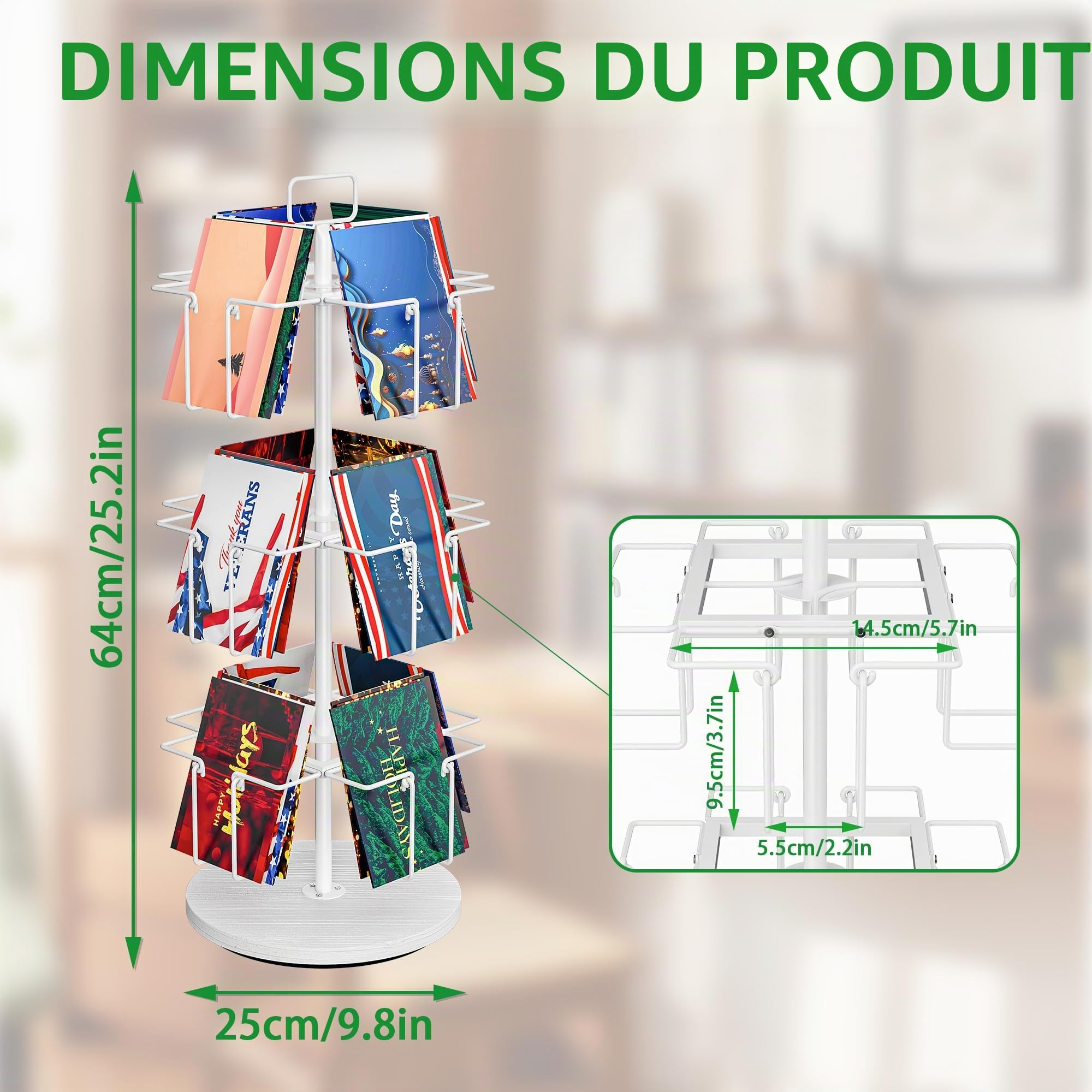 Présentoir rotatif à 3 niveaux avec 12 poches, support de cartes de vœux en métal pour autocollants, cartes photo, brochures, comptoir de cartes postales pour la maison, la vitrine, la vente au détail