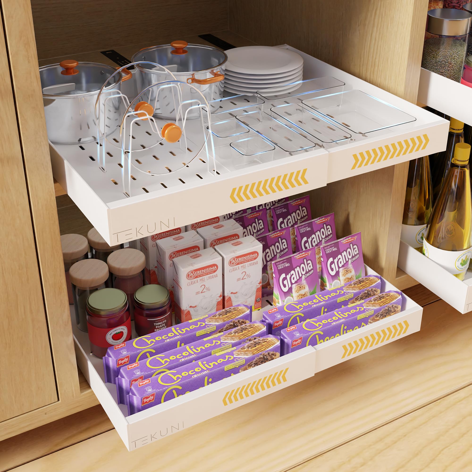 2 Pack Expandable Pull Out Cabinet Organizer with Bonus Items – Heavy-Duty 3-Rail Sliding Storage Rack for Kitchen, Pantry & Bathroom – Adjustable Width (12.5” to 20.5”), Drill-Free or Screw Mounting