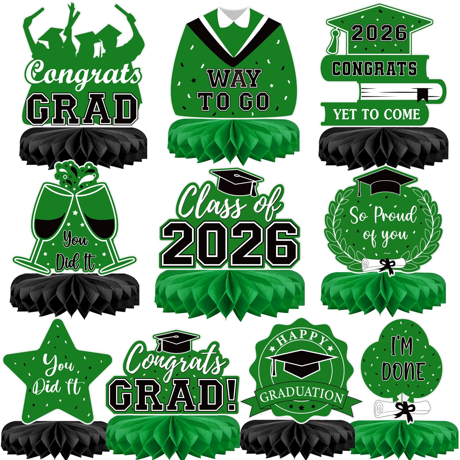 Photo 1 of 10Pcs Graduation Decorations 2026 Class of 2026 Congrats Grad Table Honeycomb Centerpieces Graduation Party Supplies for kindergarten K-12th College Any Grade Green