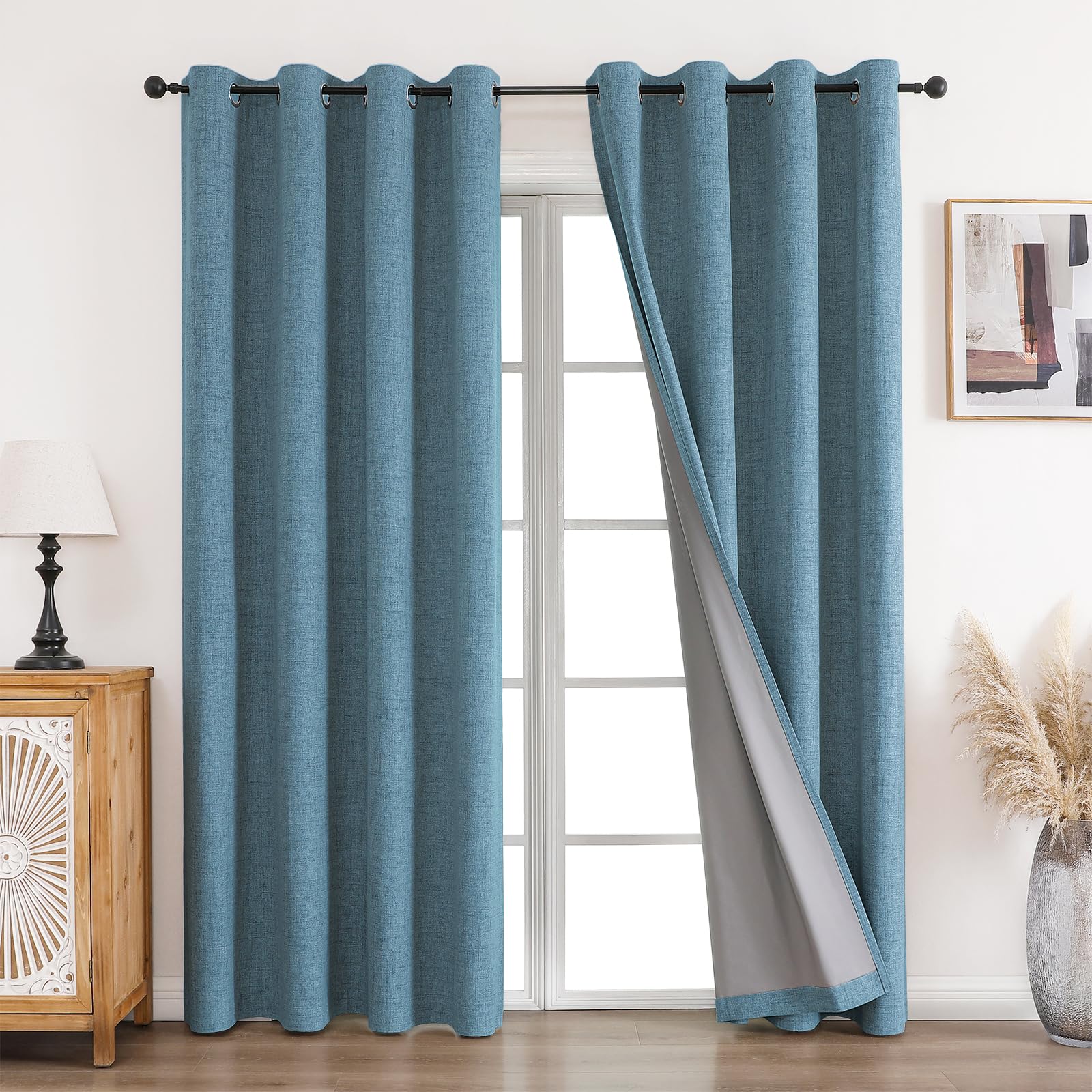 CUCRAF Vorhang 100% Blickdicht Leinen Gardinen mit Ösen Verdunklungsvorhänge Gardinen Himmelblau H229 x B167 cm 2er Set, Thermovorhang Kälteschutz Schallschutz Vorhang für Wohnzimmer Schlafzimmer