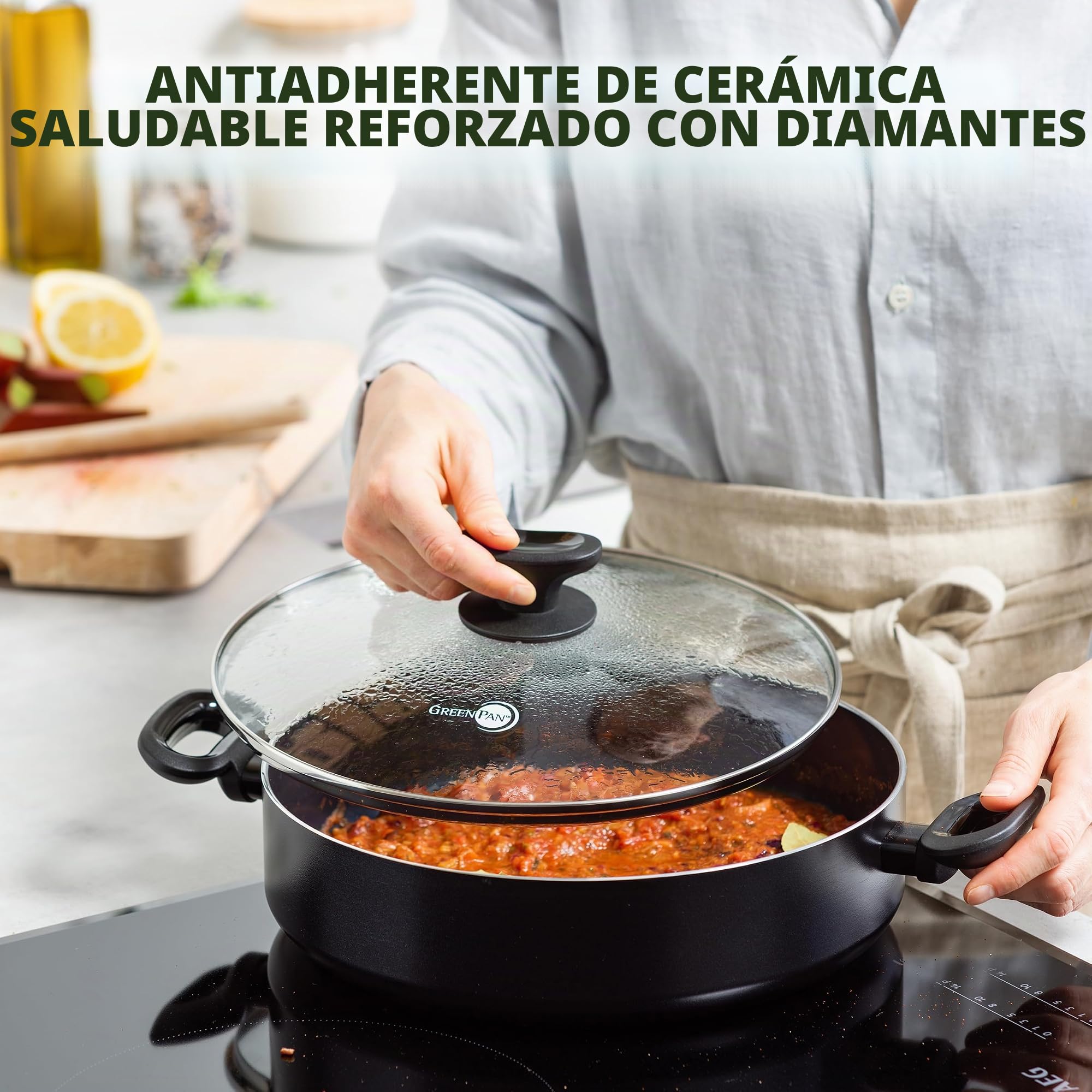 GreenPan Torino Sartén Alta de Cerámica Antiadherente Saludable 28cm/4,2 Litros con Tapa de vidrio, Sin PFAS, Apta para Inducción, Apta para Horno hasta 160°C, Apta para Lavavajillas, Negra
