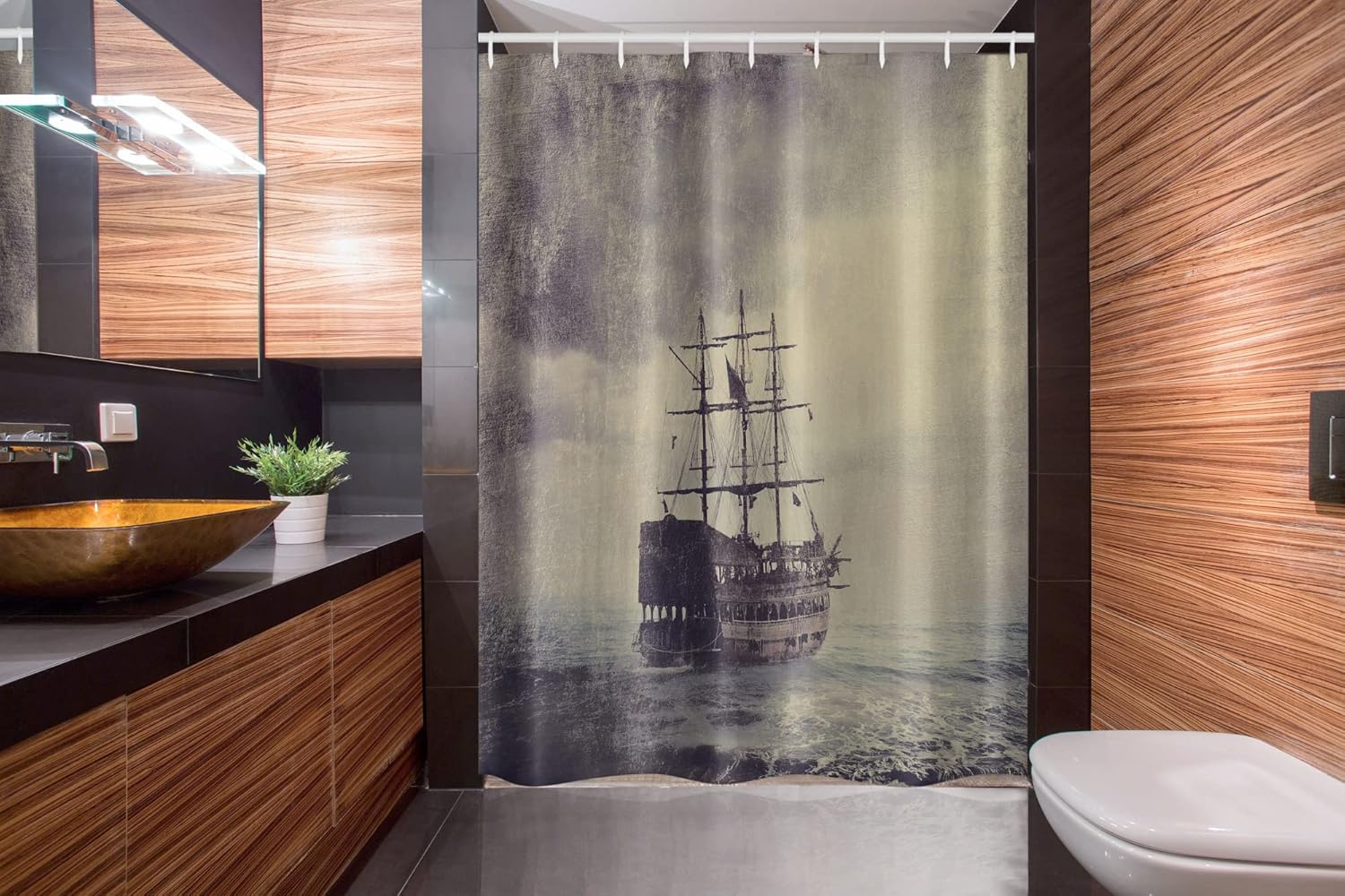 Ambesonne Nautical Stall Shower Curtain, Old Pirate Ship in The Sea Historical Cruise Retro Voyage Grunge Style Art, Fabric Bathroom Decor Set with Hooks, 54" W x 78" L, Plum Tan
