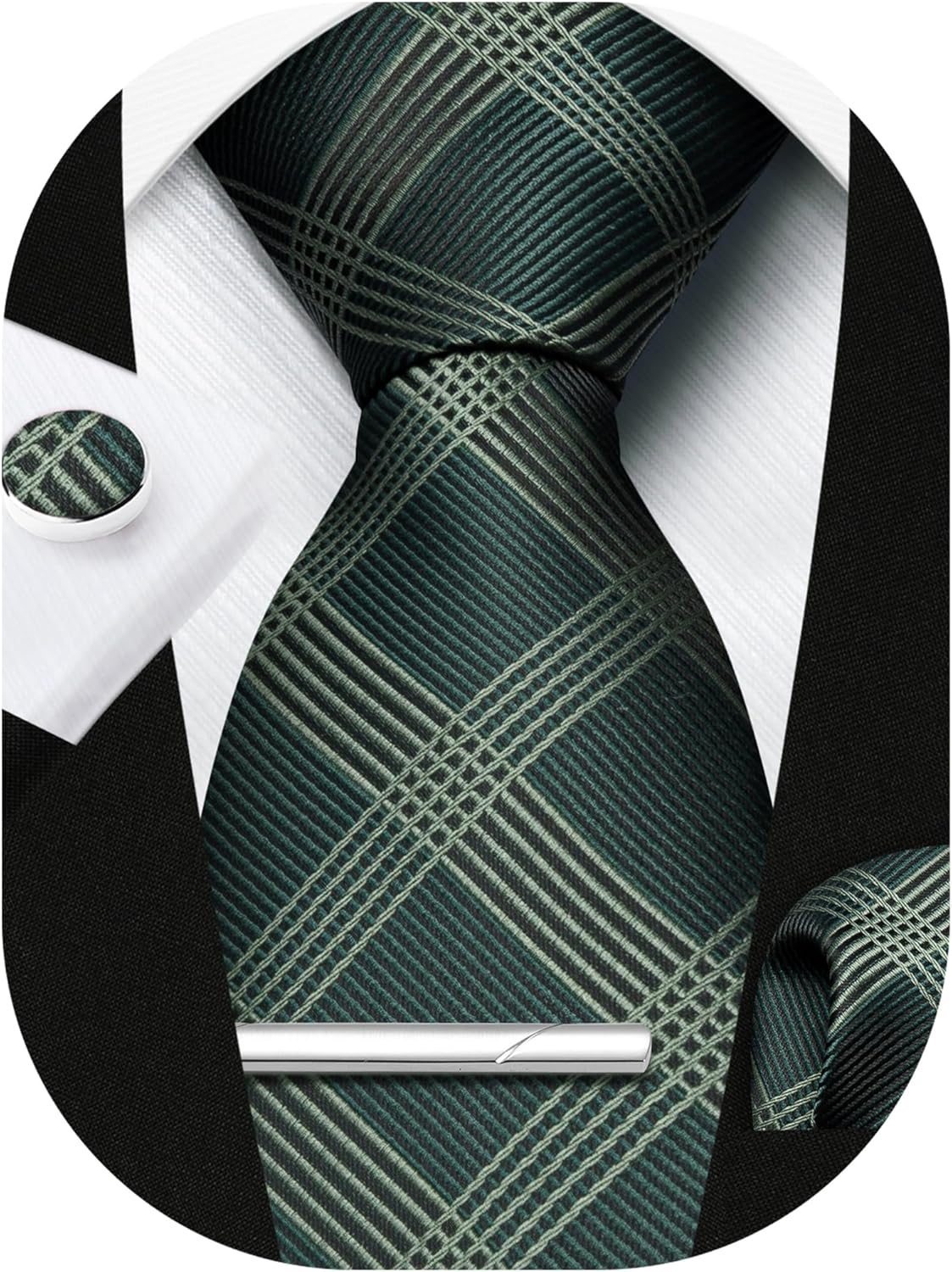 HISDERN Plaid Ties for Men Classic Checkered Tie and Pocket Square Cufflinks Tie Clip Set Woven Men's Necktie Business