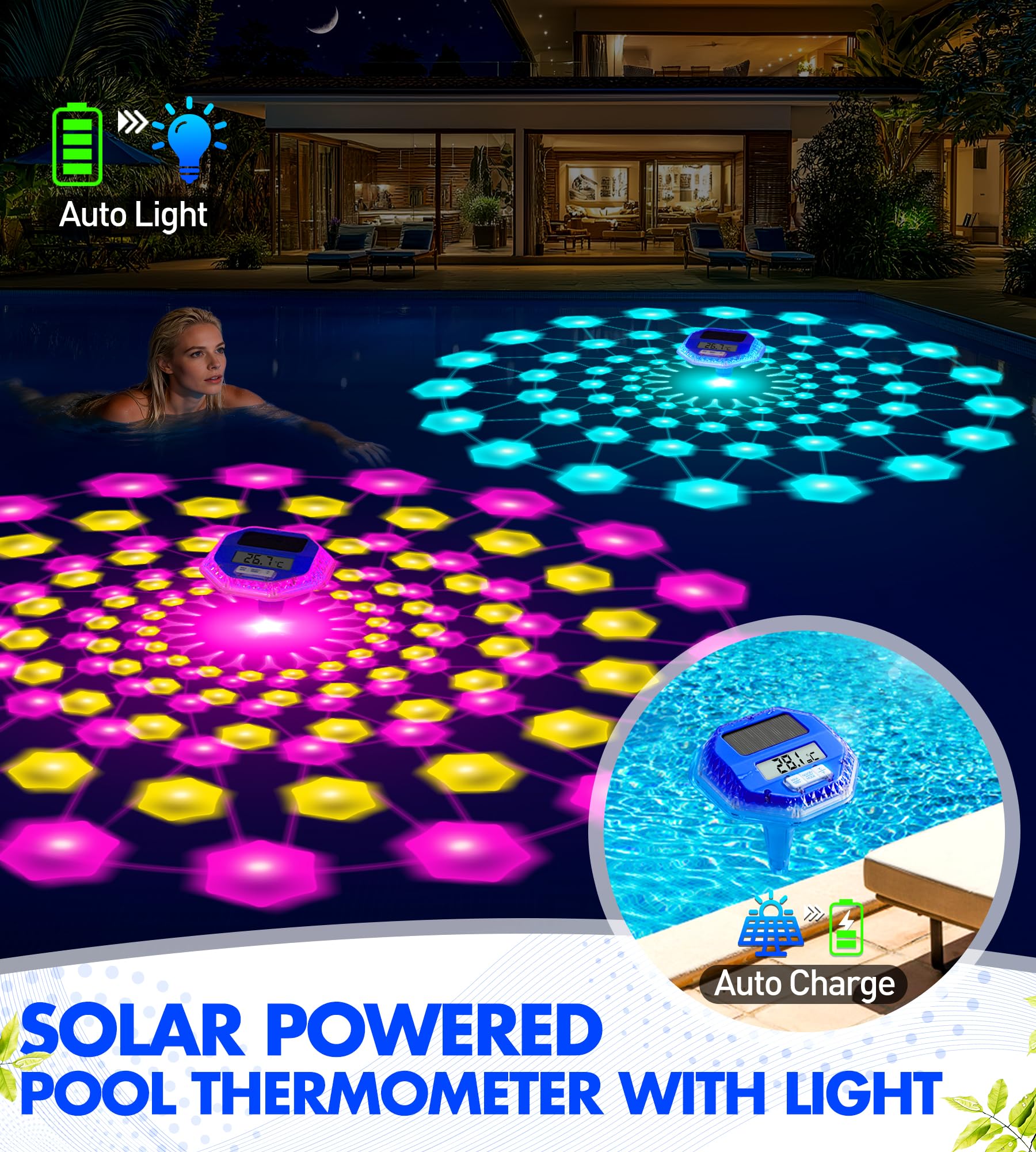 LuxBlue Thermometre Piscine Solaire, Thermomètre Piscine Flottant avec Spectacle Lumineux Sous-marin, Thermometre Piscines Numérique avec Grand Écran LCD Facile à Lire,IP68 Termomètre Piscines Digital