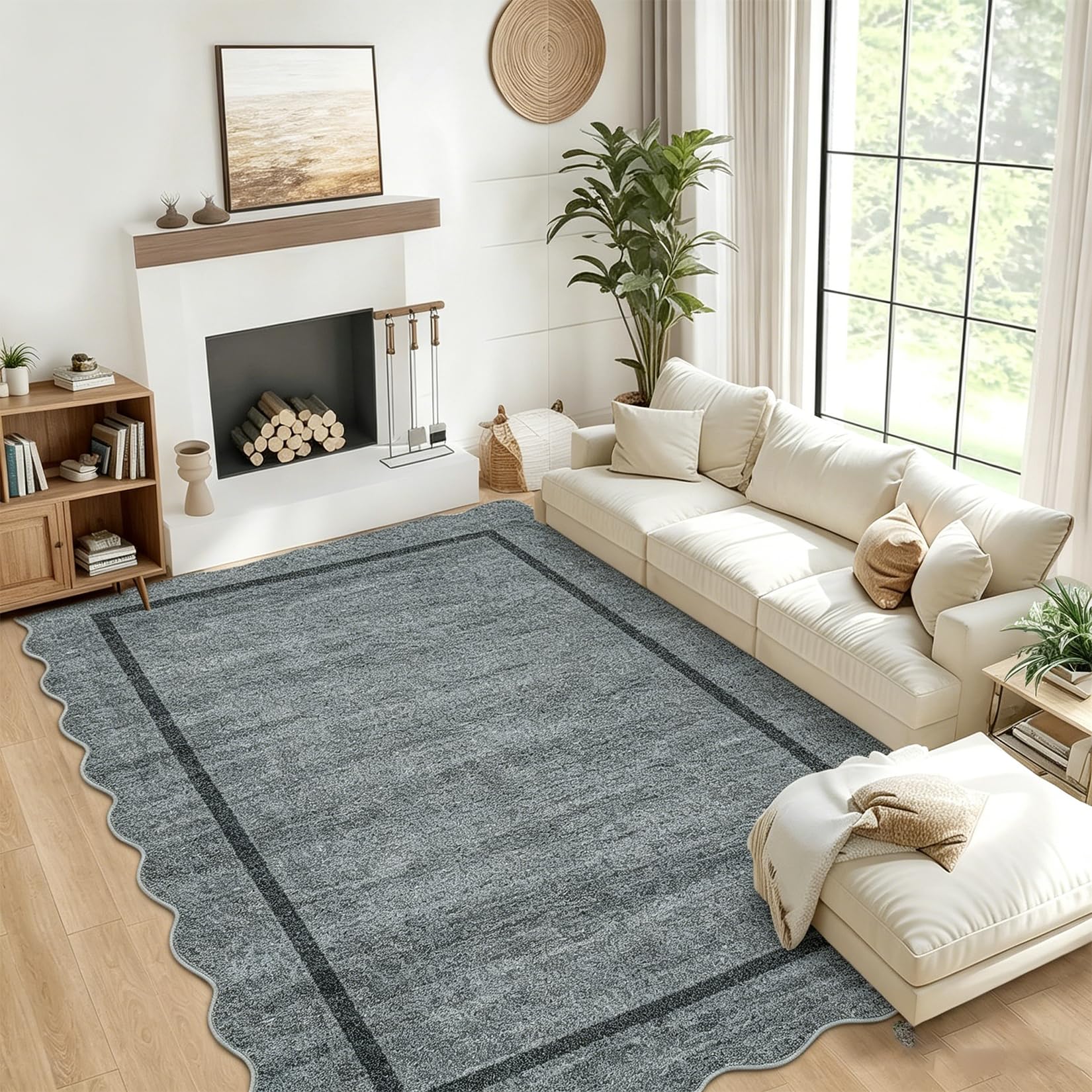CAROMIO 200x290cm Modern Scalloped Rug Washable for Living Room Dark Grey โ image 1