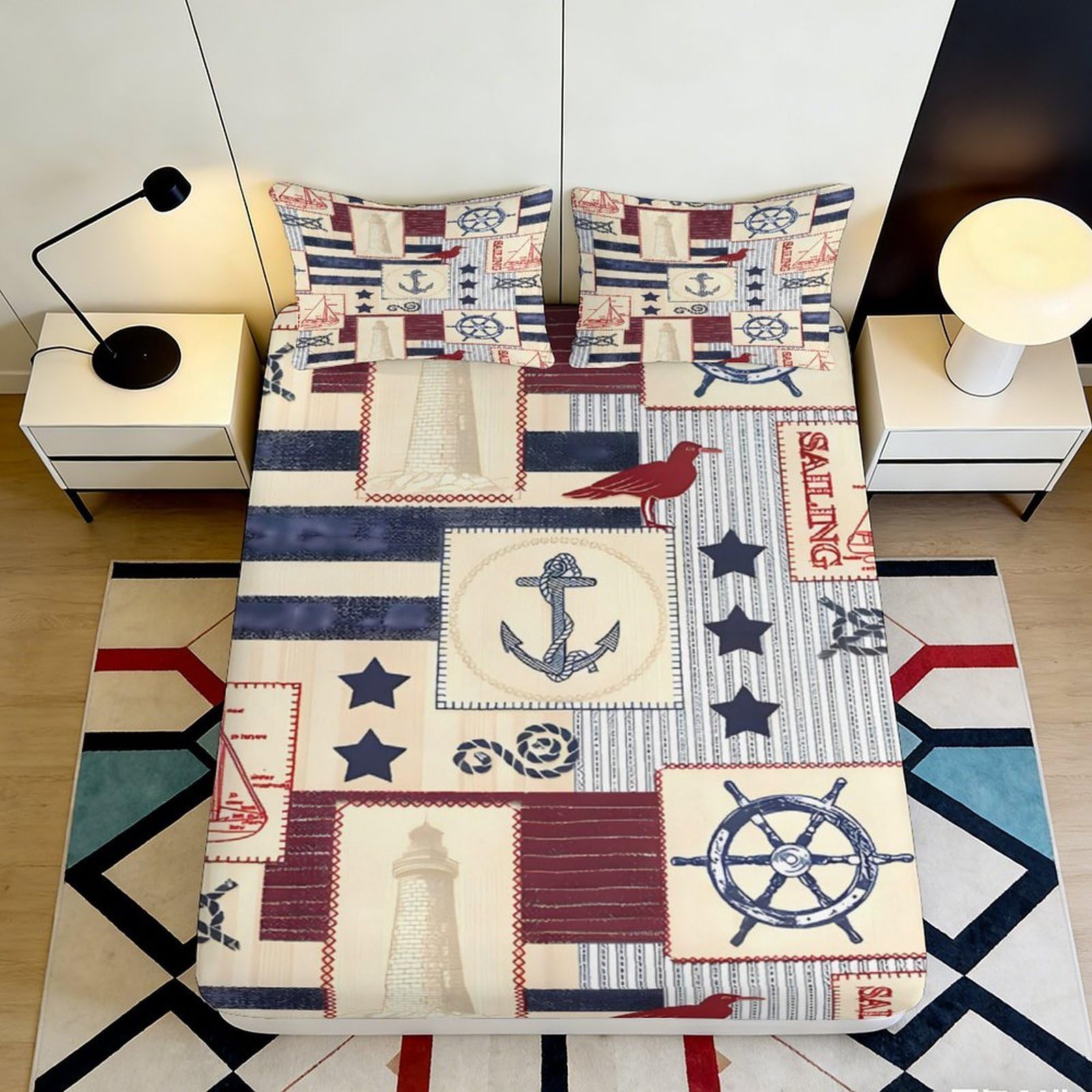3D Printed Nautical Anchor Fitted Sheet Microfiber Soft Breathable Lighthouse Star Bed Cover for Bedroom Guest Room Decor 90x200x25cm