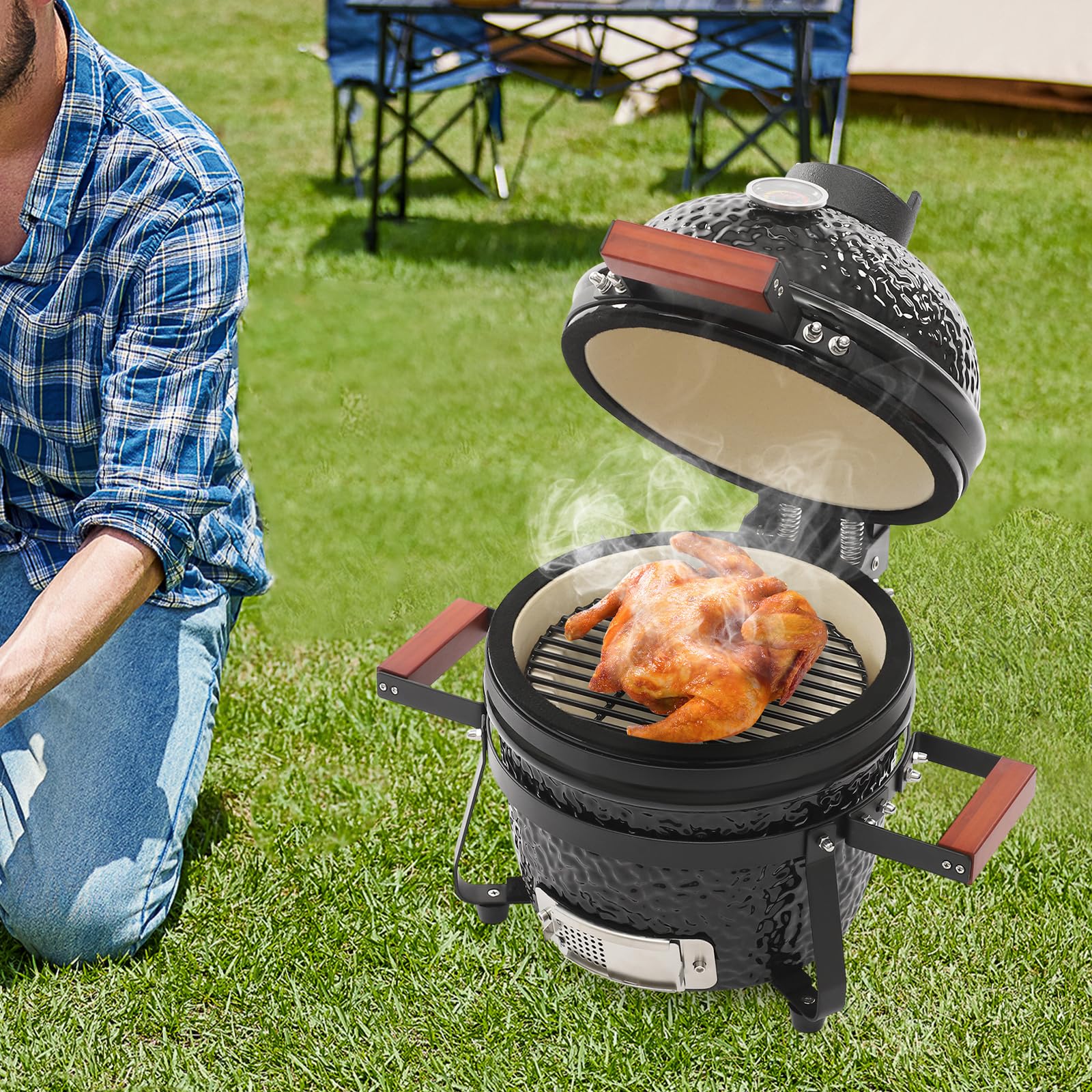 Kamado grill na węgiel drzewny, ceramiczny, z termometrem, okrągły, ceramiczny grill z pokrywką i otworem wentylacyjnym, grill na węgiel drzewny, ceramiczny grill na kemping, do ogrodu, na balkon
