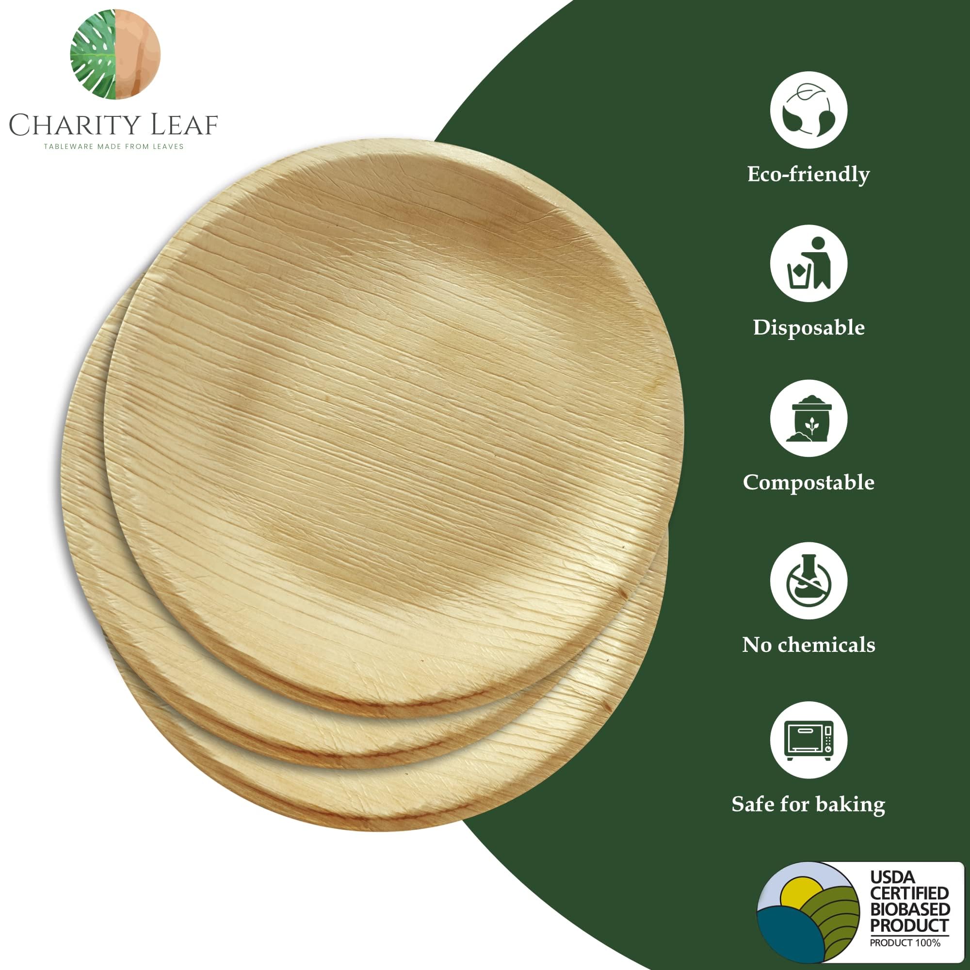 Charity Leaf Platos redondos desechables de hoja de palma de 5 pulgadas (200 piezas) platos de bambú para servir, tablas desechables, vajilla ecológica para bodas, catering, eventos