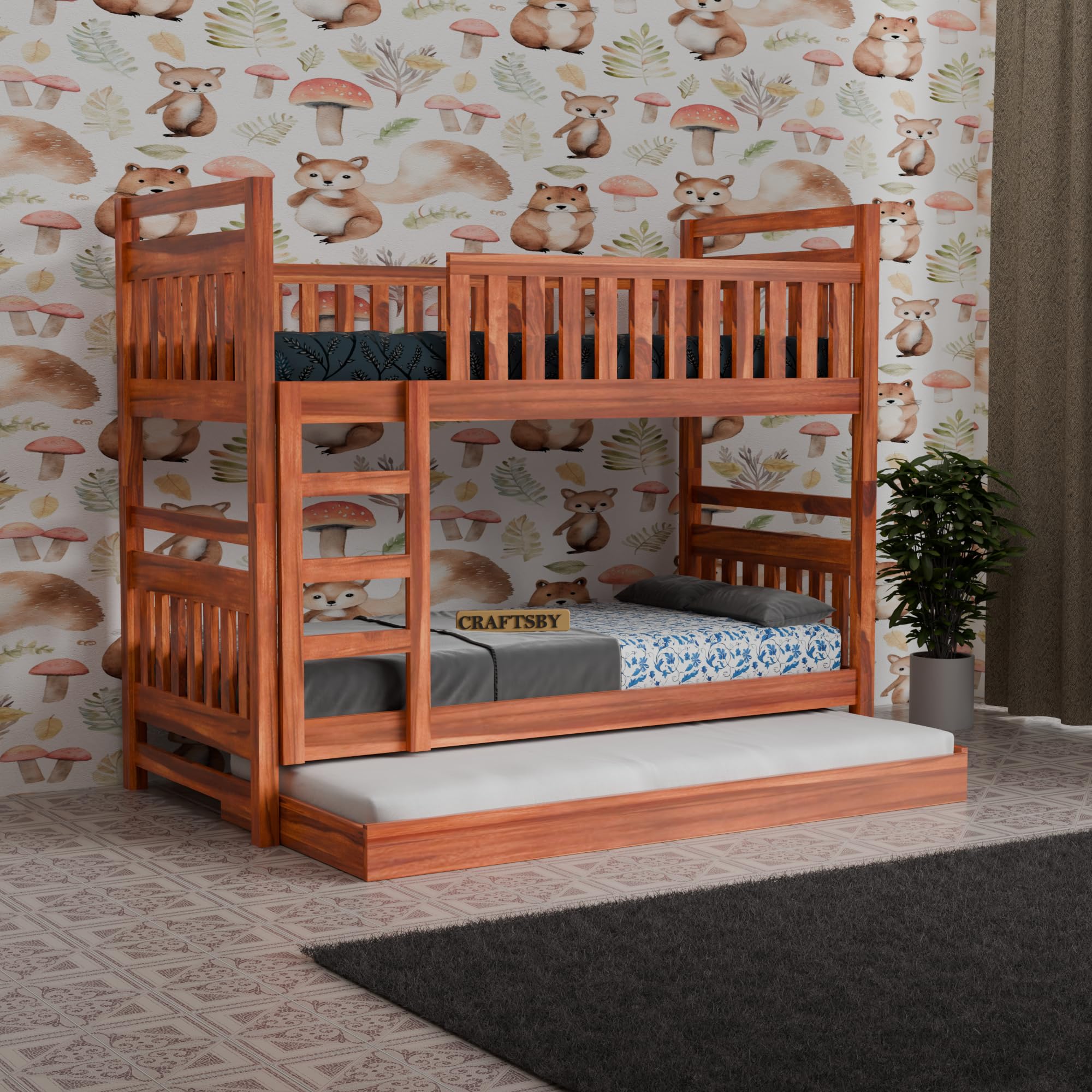 Craftsby Solid Sheesham Wood Bunk Bed | Twin Over Wooden Bunker Bed with Ladder | Modern Bed for Kids| Space Saving Bed with Trundle Storage for Children?s Bedroom & Guest Room, Honey Finish-image-37