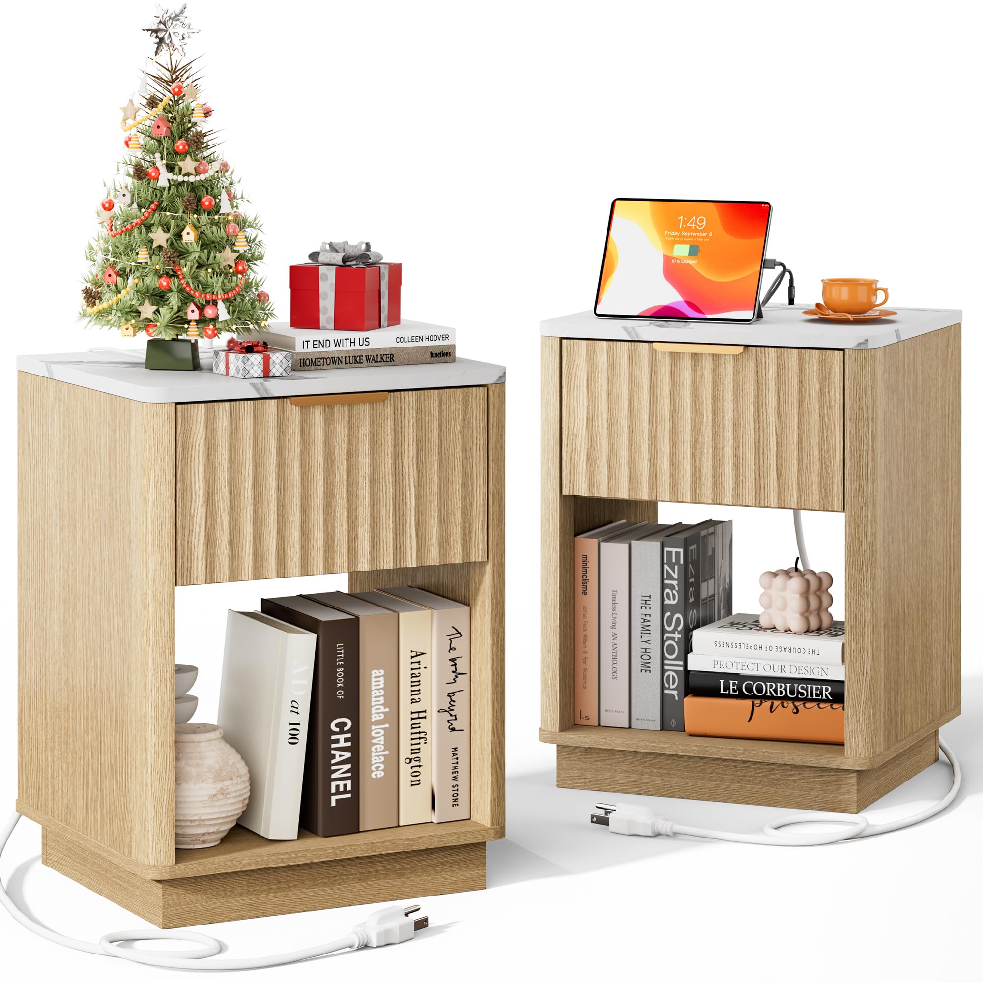 FavourLife Fluted Nightstand, Night Stand Set 2, Nightstands Set of 2 with Charging Station and Faux Marble Top, Wooden End Table with Drawer, Modern