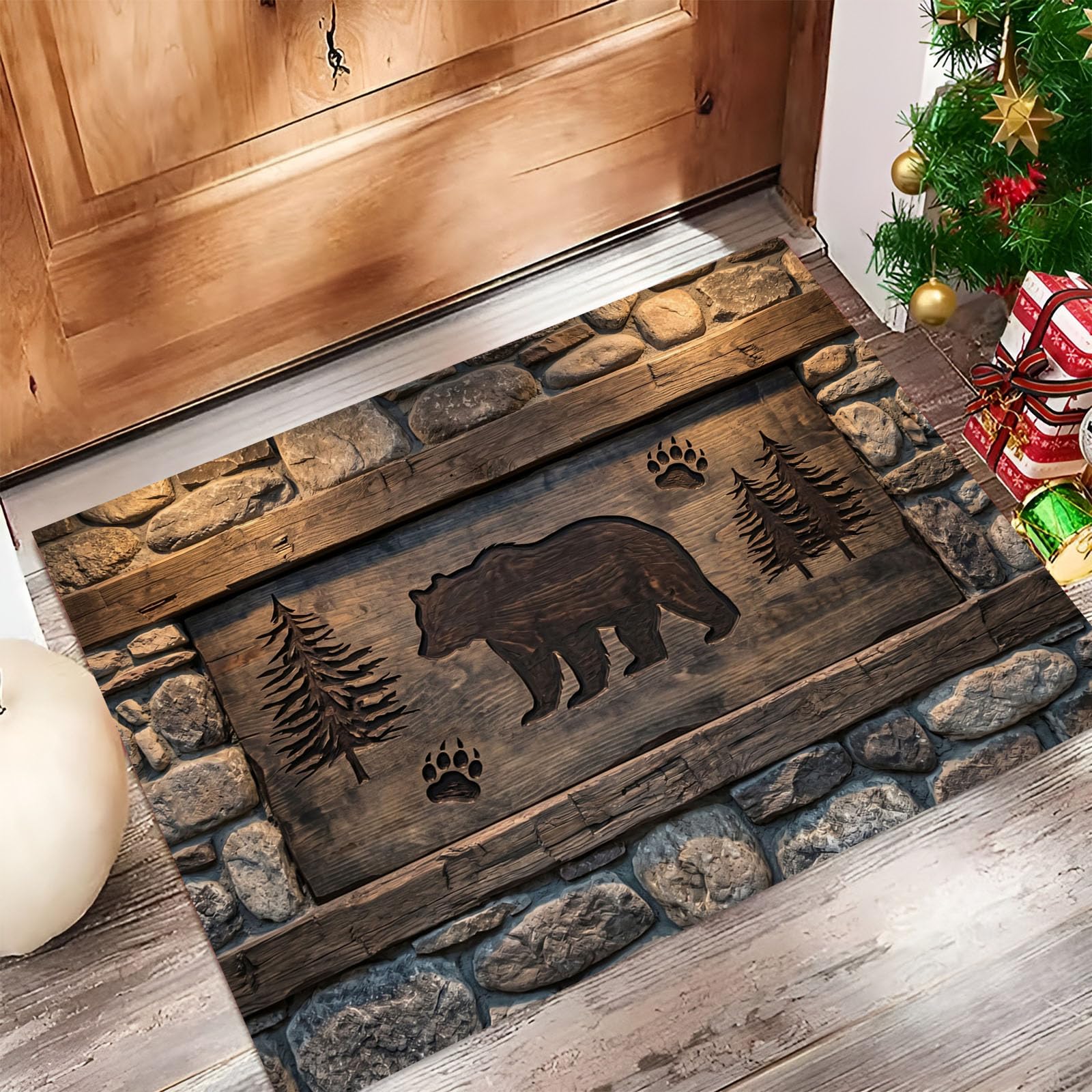 Felpudo Ultrafino Para Interiores, 80X120Cm, Talla De Madera De Oso Pardo Antiguo Alfombra Antideslizante Lavable Para Entrada, Animales Rurales Paredes Felpudo De Perfil Bajo, Atrapa Suciedad, Marrón