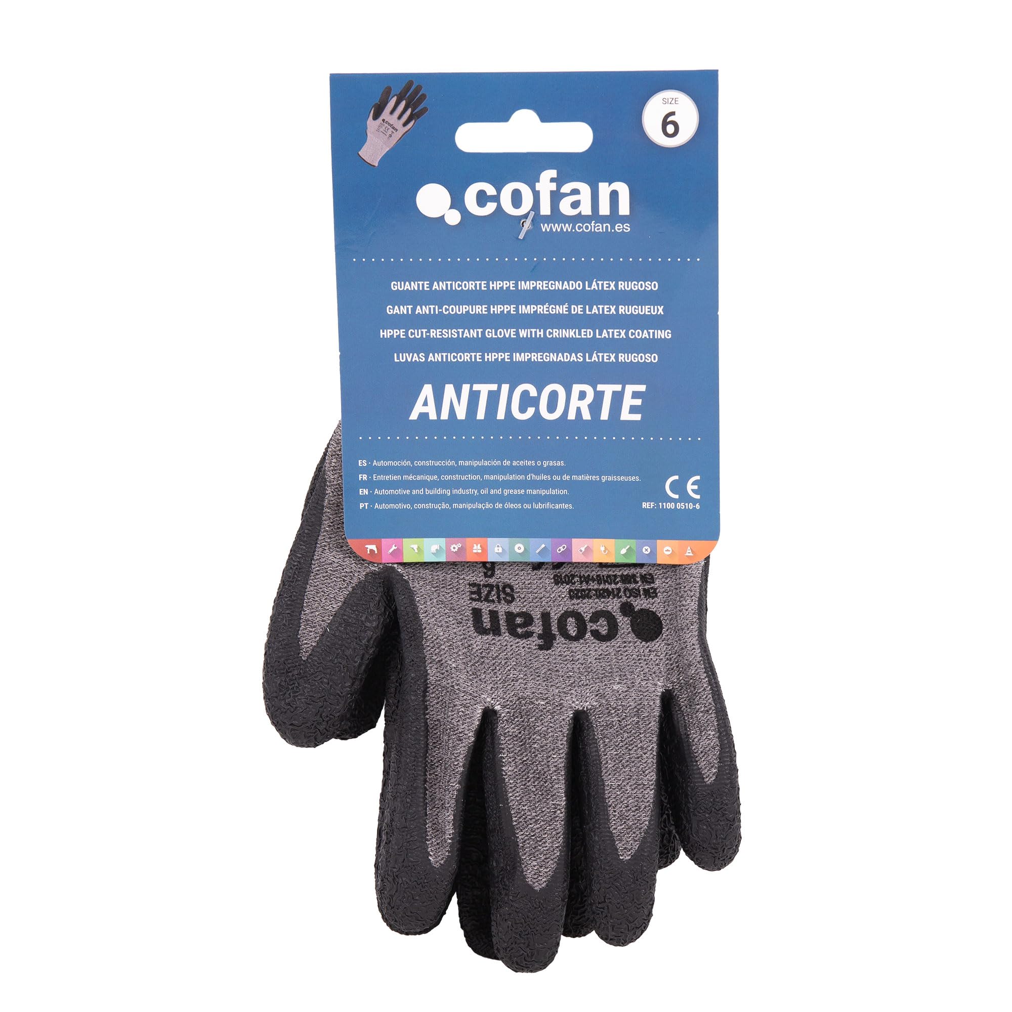 Cofan Guantes Anticorte HPPE con Látex Rugoso, Agarre Seco y Húmedo, Pack de 12 Pares de Guantes, Galga 13, Talla 6 hasta la 10, De Conformidad con EN 388:2016 (12, Talla 6)