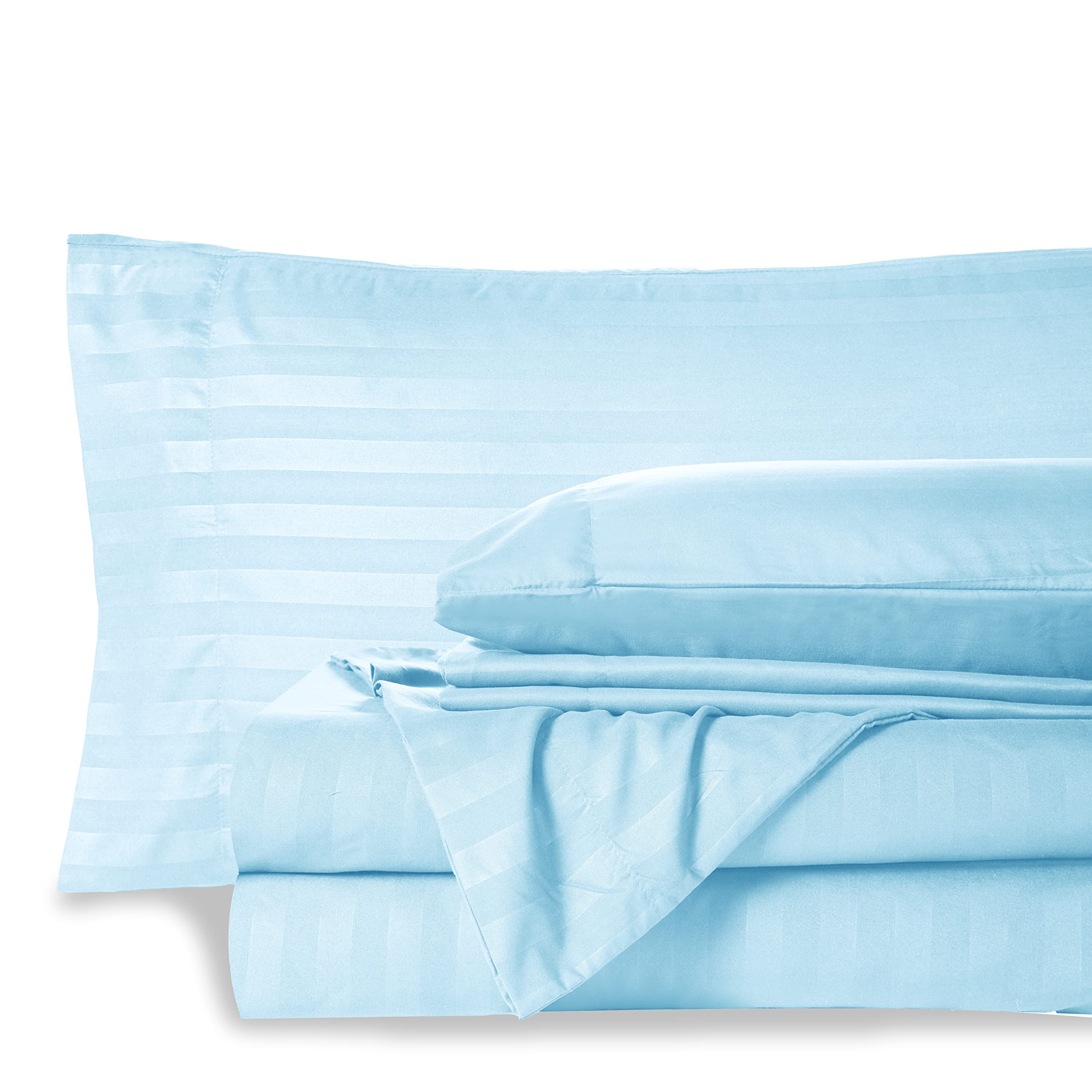 Mocassi Queen Stripe Sheet Set - Luxury Hotel 1800 Thread Count Bedding Sheets & Pillowcases - Ultra Soft Breathable & Cooling Bed Sheets - Wrinkle Resistant - 6 Piece Set - Queen, Aqua Blue