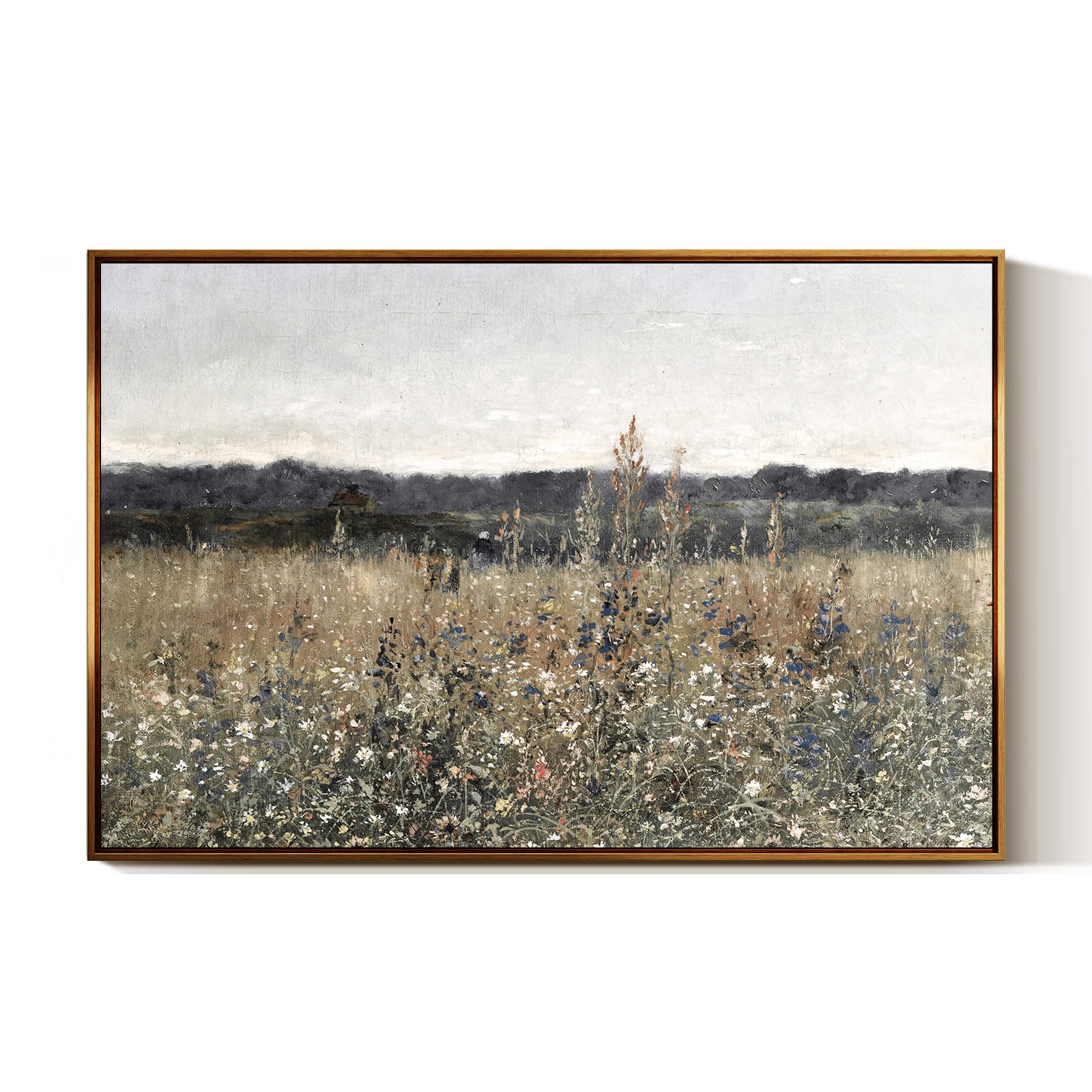 InSimSea Golden Framed Vintage Canvas Wall Art Wildflower Field 24x36In, Rustic Meadow with Flowers Vintage Floral Landscape Art Print, Modern Country Farmhouse Bedroom Bathroom Botanical Wall Decor