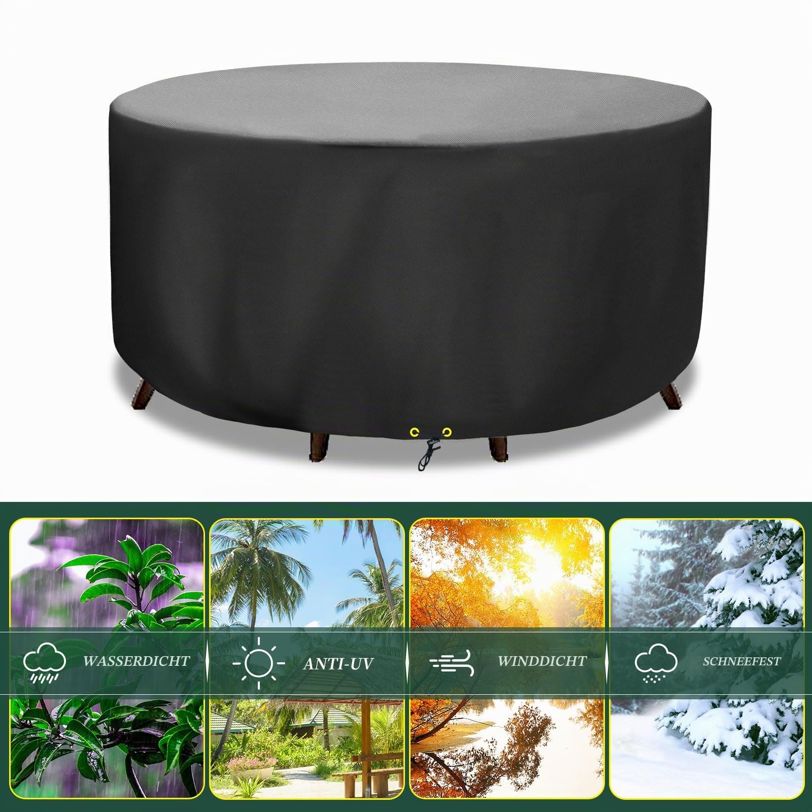 Rund Gartenmöbel Abdeckung Wasserdicht, Ø300 x 90cm, 420D Oxford Gewebe Gartenmöbel Abdeckplane für Gartentische Terrassenmöbel, Winddicht, UV Beständiges, Schutzhülle Gartenmöbel, Schwarz