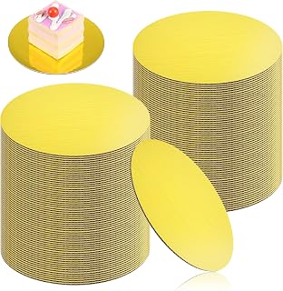 100 PCS 5 Inch Cake Board Round Mini Cardboard Cake Circle Boards Round Coated Cakeboard Grease Proof Tray Base White Cakes Boards for Kitchen Baking Pastry Caking Pizza Dessert Cupcake Tray(Gold)
