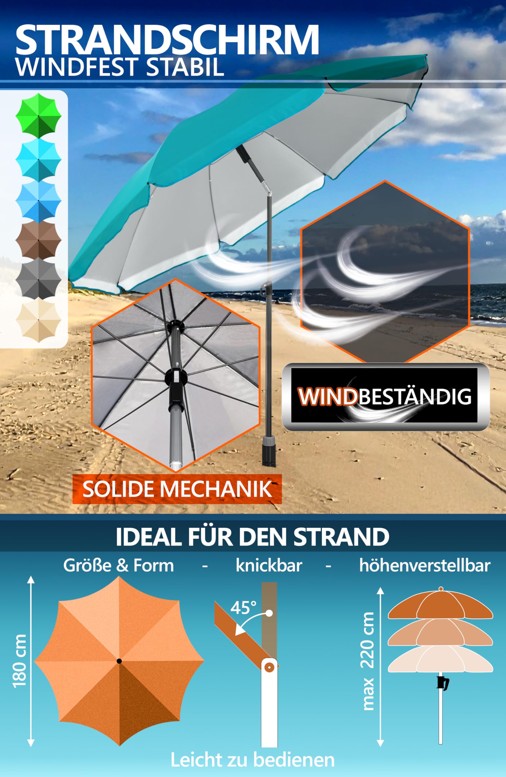 4smile Strandschirm 180cm Beige - Windfester Sonnenschirm Mit UPF 50+