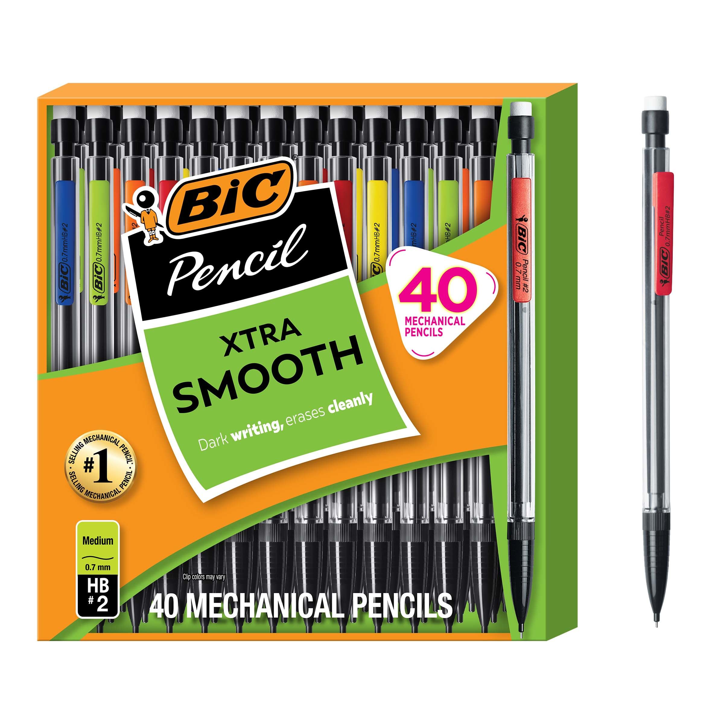 Bic Mechanical Pencils, 40 count, Black barrel with multi color clips